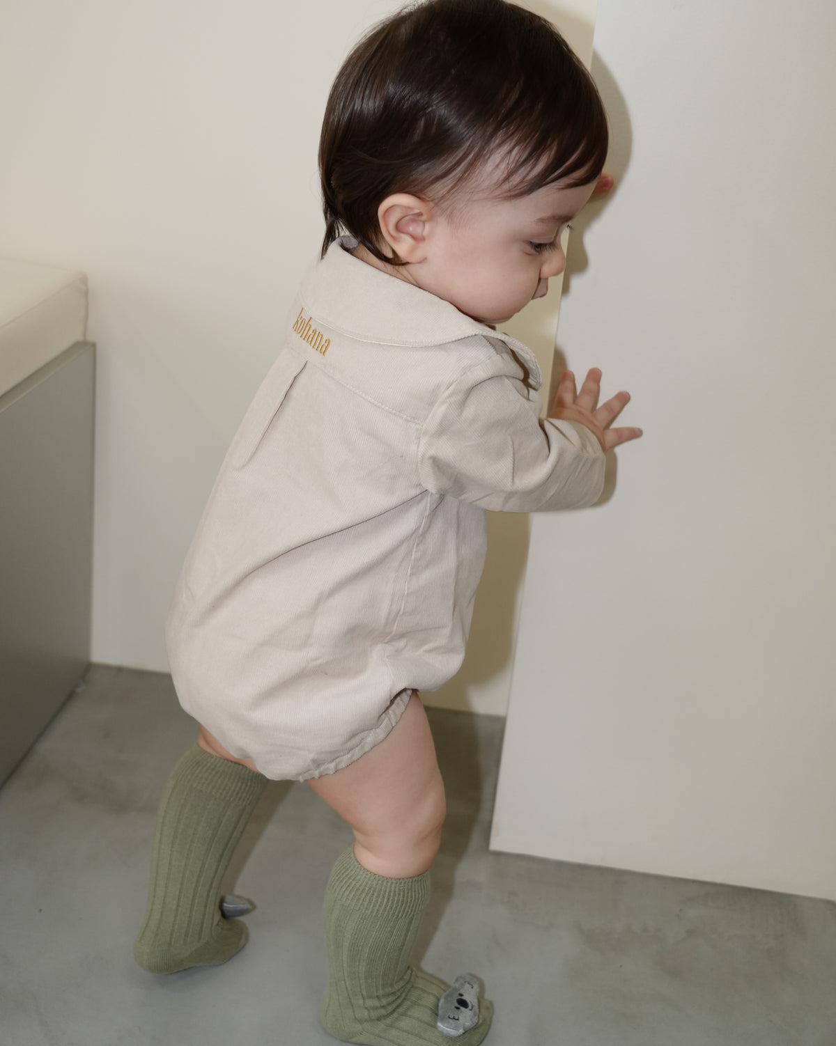 Bow Tie Collared Shirt Corduroy Rompers【110412】 (beige)