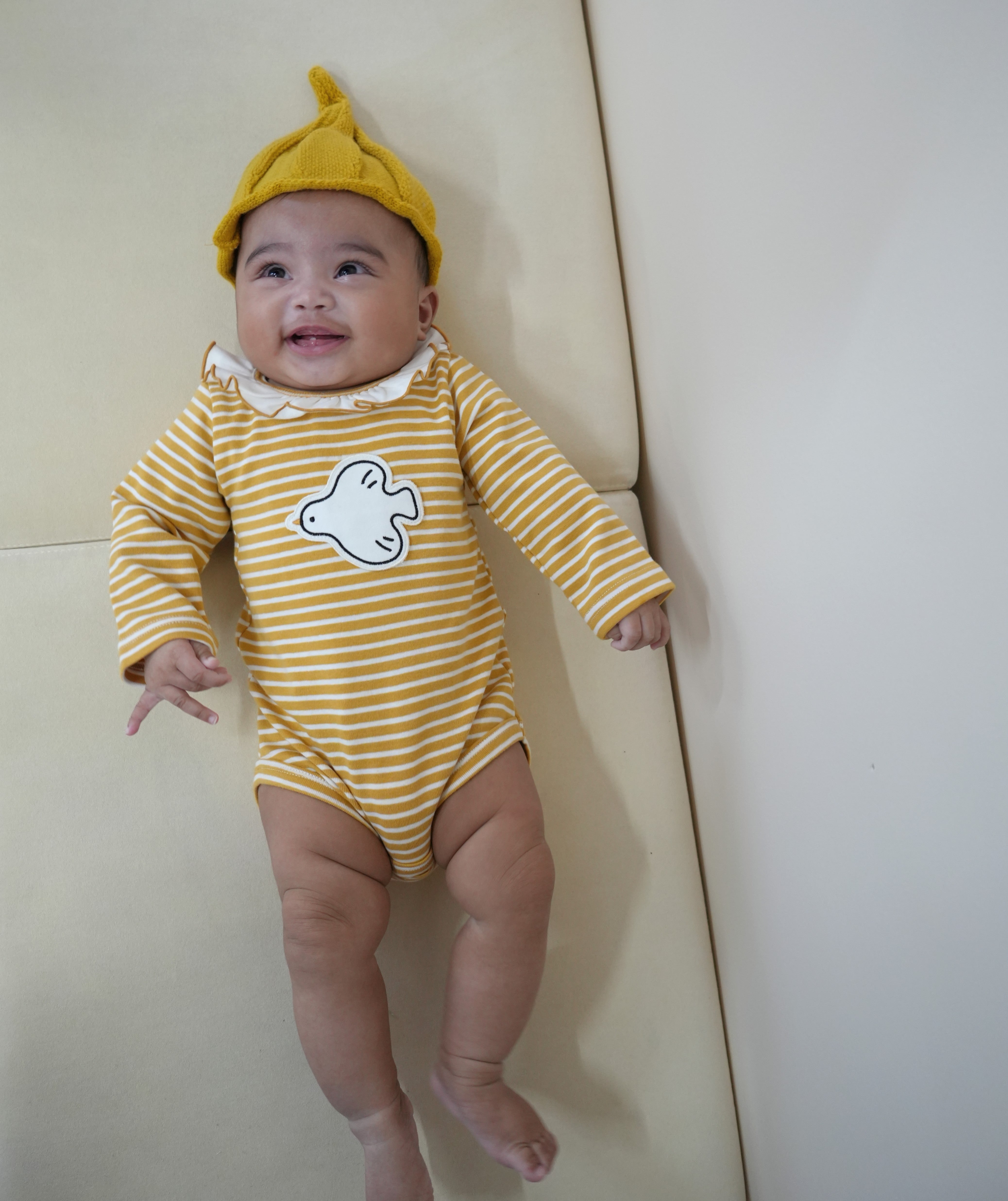 Animal Patch Stripe Frill Collar Rompers【110402】 (yellow)