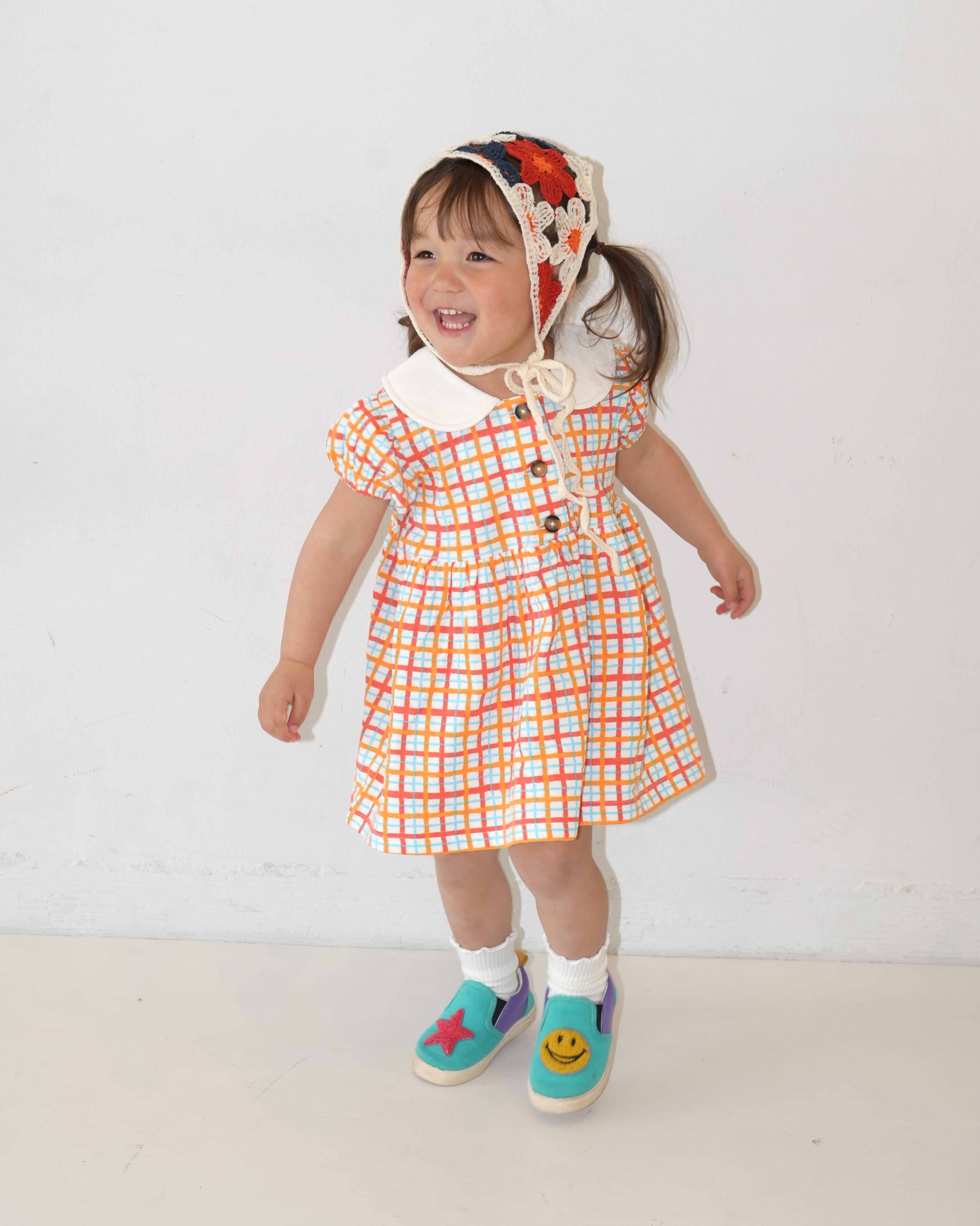 Hand Drawn Check Peter Pan Collar Dress【110230】 (Orange)