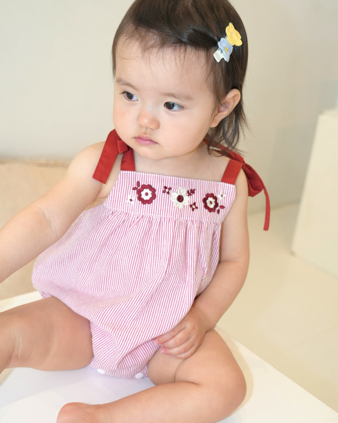 Floral Embroidered Stripe Rompers
【110275】 (Red)