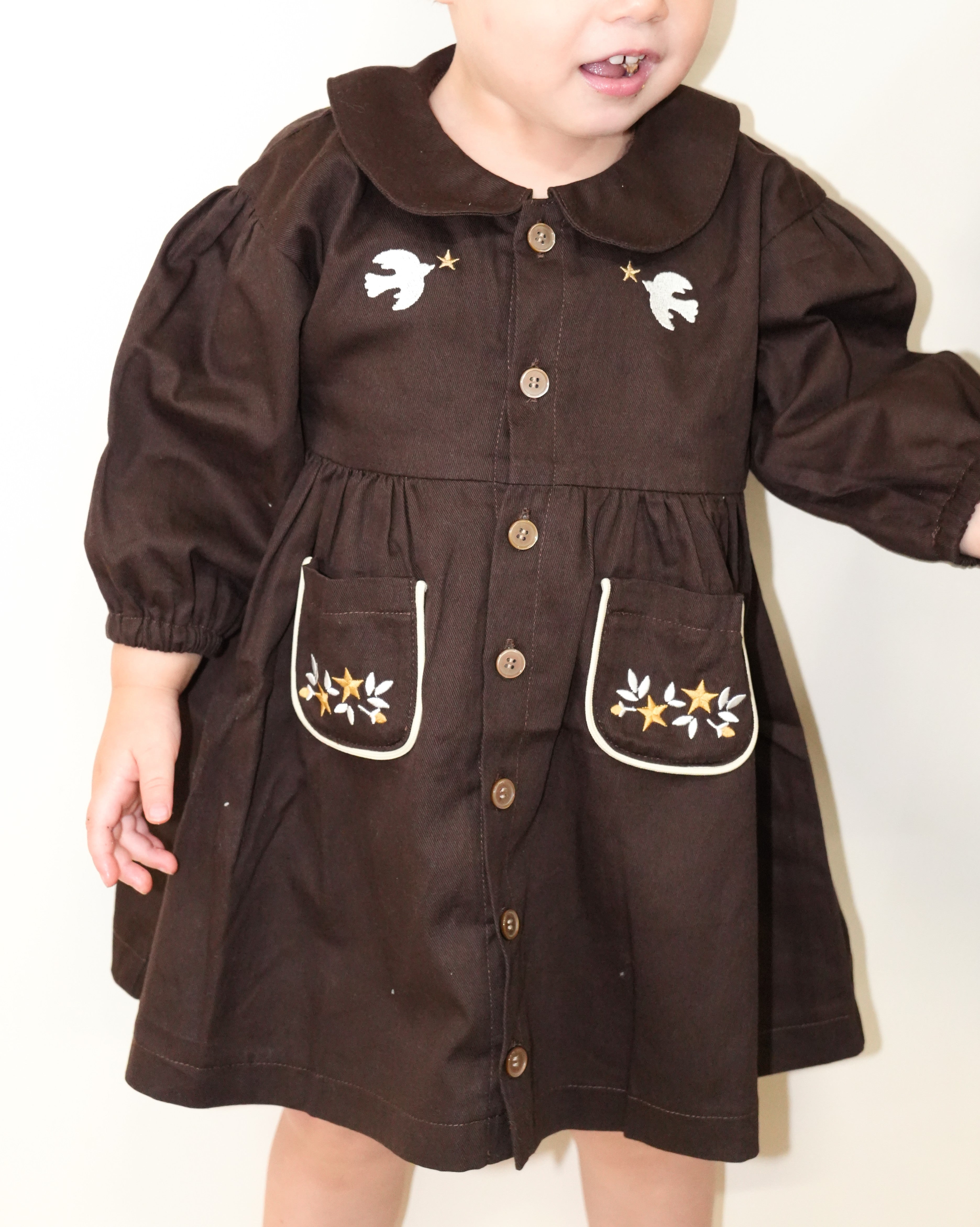 Embroidered Cotton Twill Peter Pan Collar Dress【110416】 (dark gray)