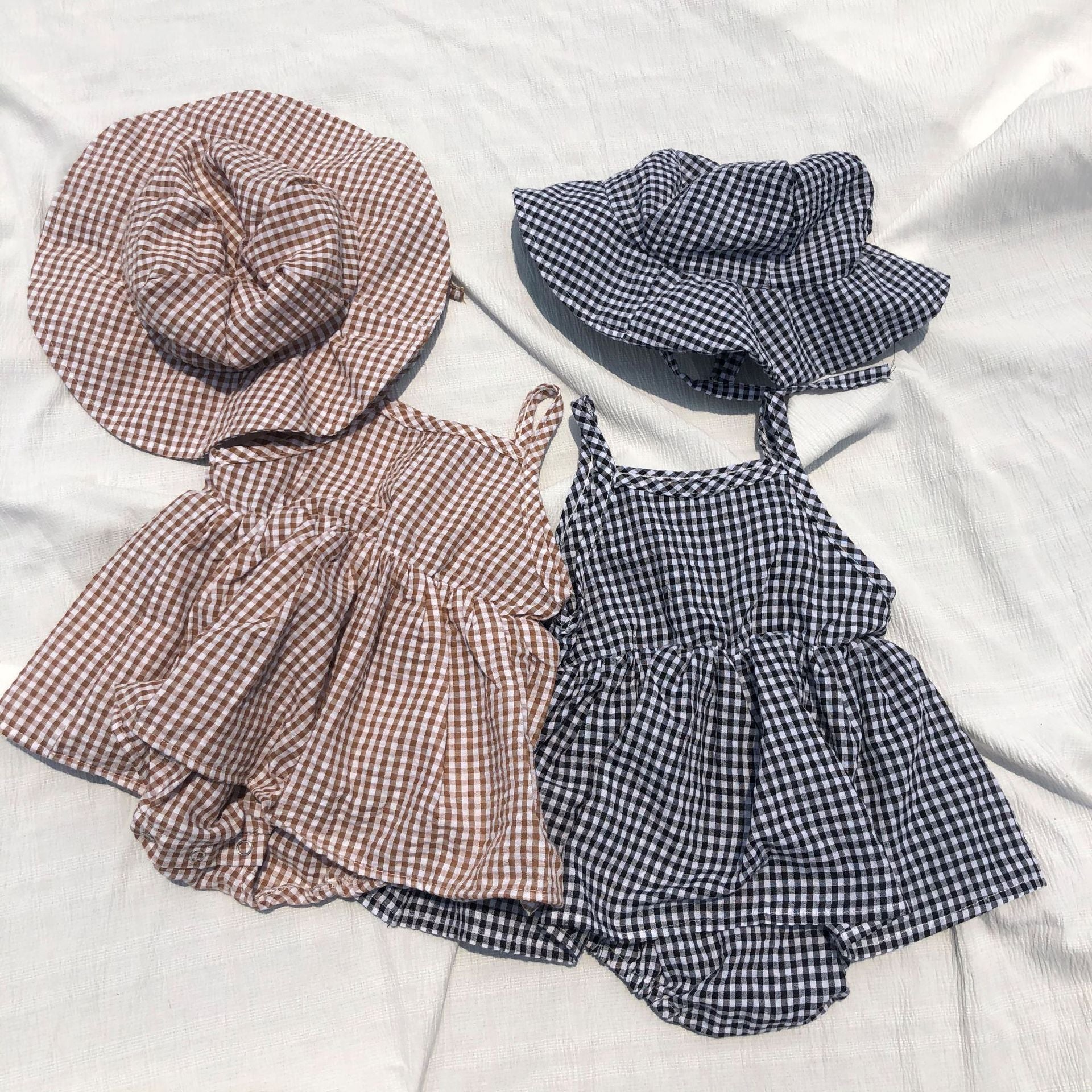 Gingham check skirt romper hat N2566