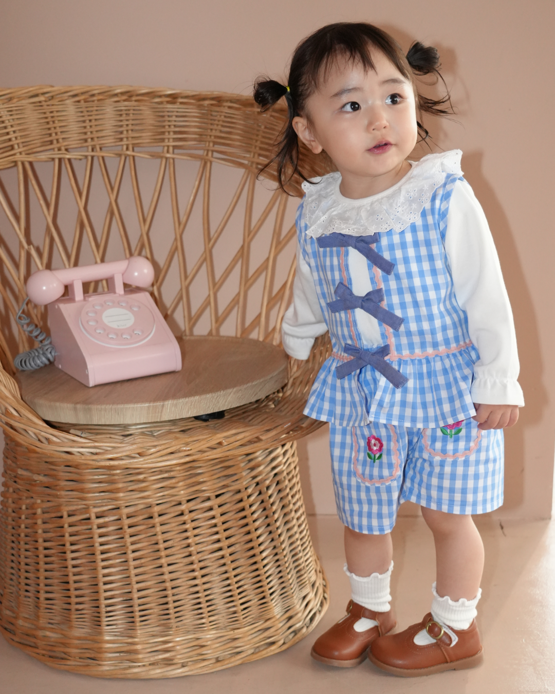 Gingham Ribbon Vest Set up【110206】 (blue)