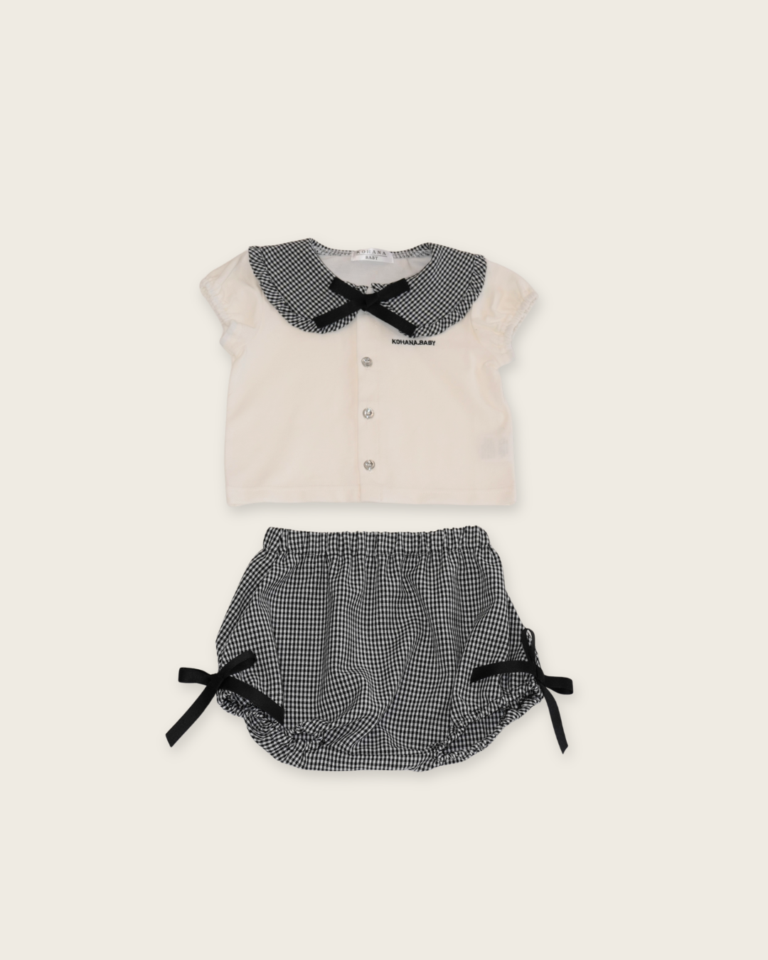 Check Collar Frill Puff Sleeve Shirt & Pants set【110214】 (black)