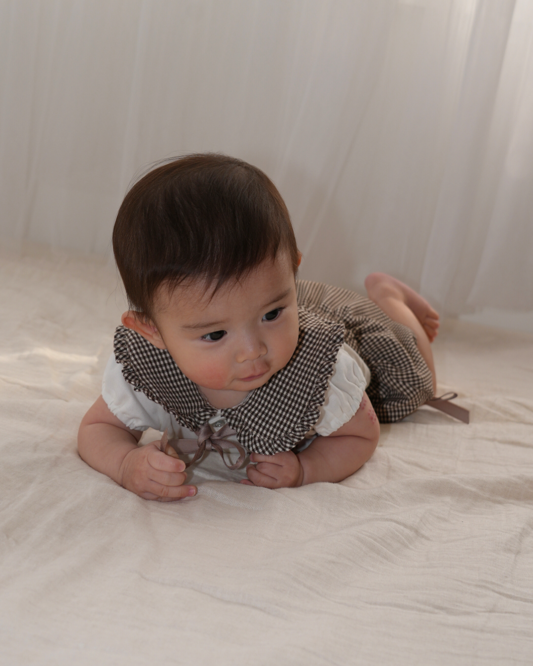 Check Collar Frill Puff Sleeve Shirt & Pants set【110214】 (beige)