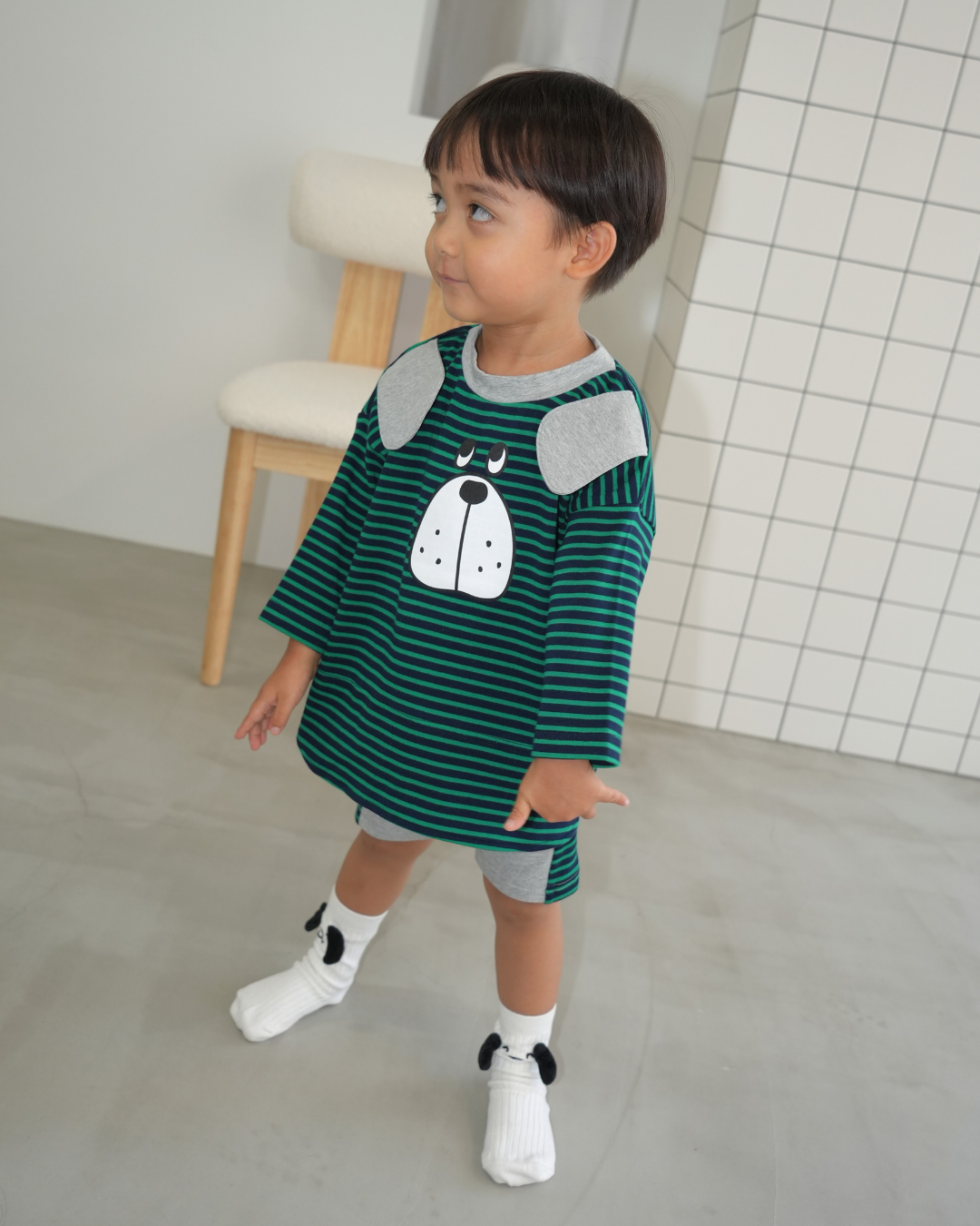 Big Face Dog T-Shirt & Half Leggings Set【110403】 (green)