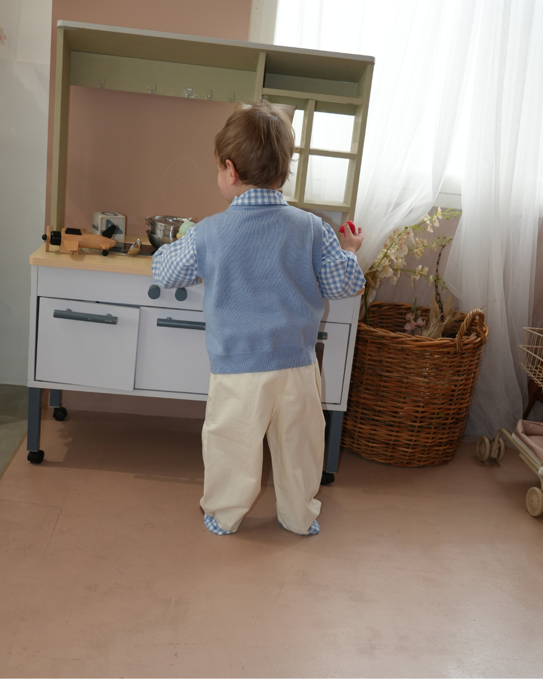 Blue Check Shirt & White Pants Set【K287】