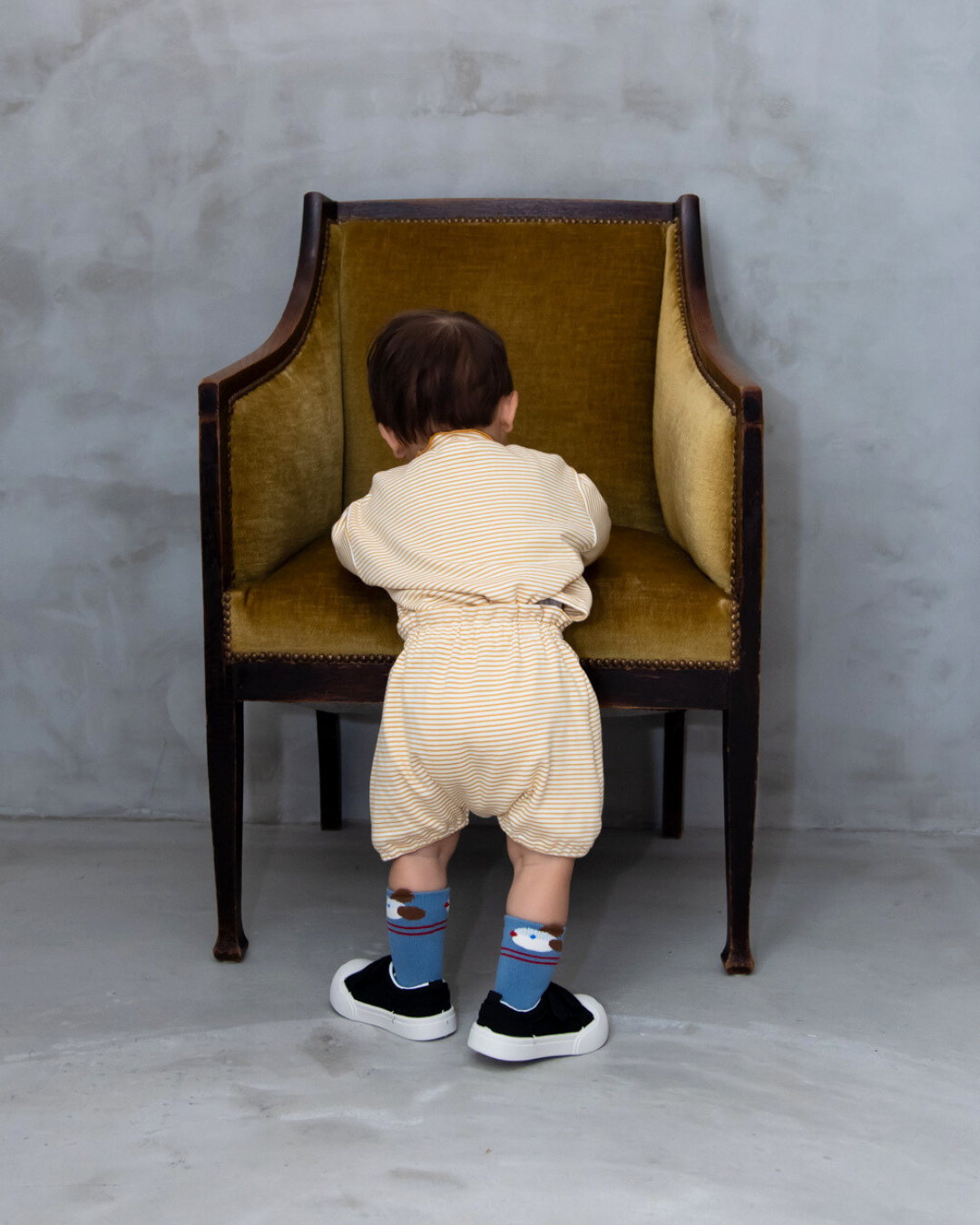 (予約商品)ストレッチボーダーモックネックTシャツ+パンツSET【110089】（Mustard）