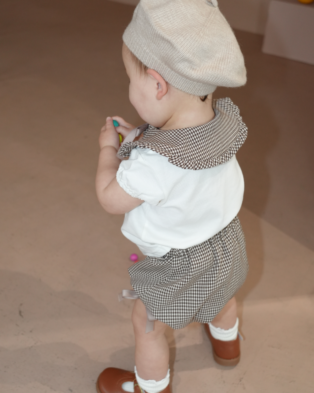 Check Collar Frill Puff Sleeve Shirt & Pants set【110214】 (beige)