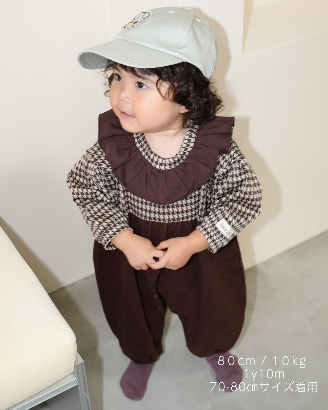 Houndstooth Frill Collar Sweatshirt Rompers【110420】