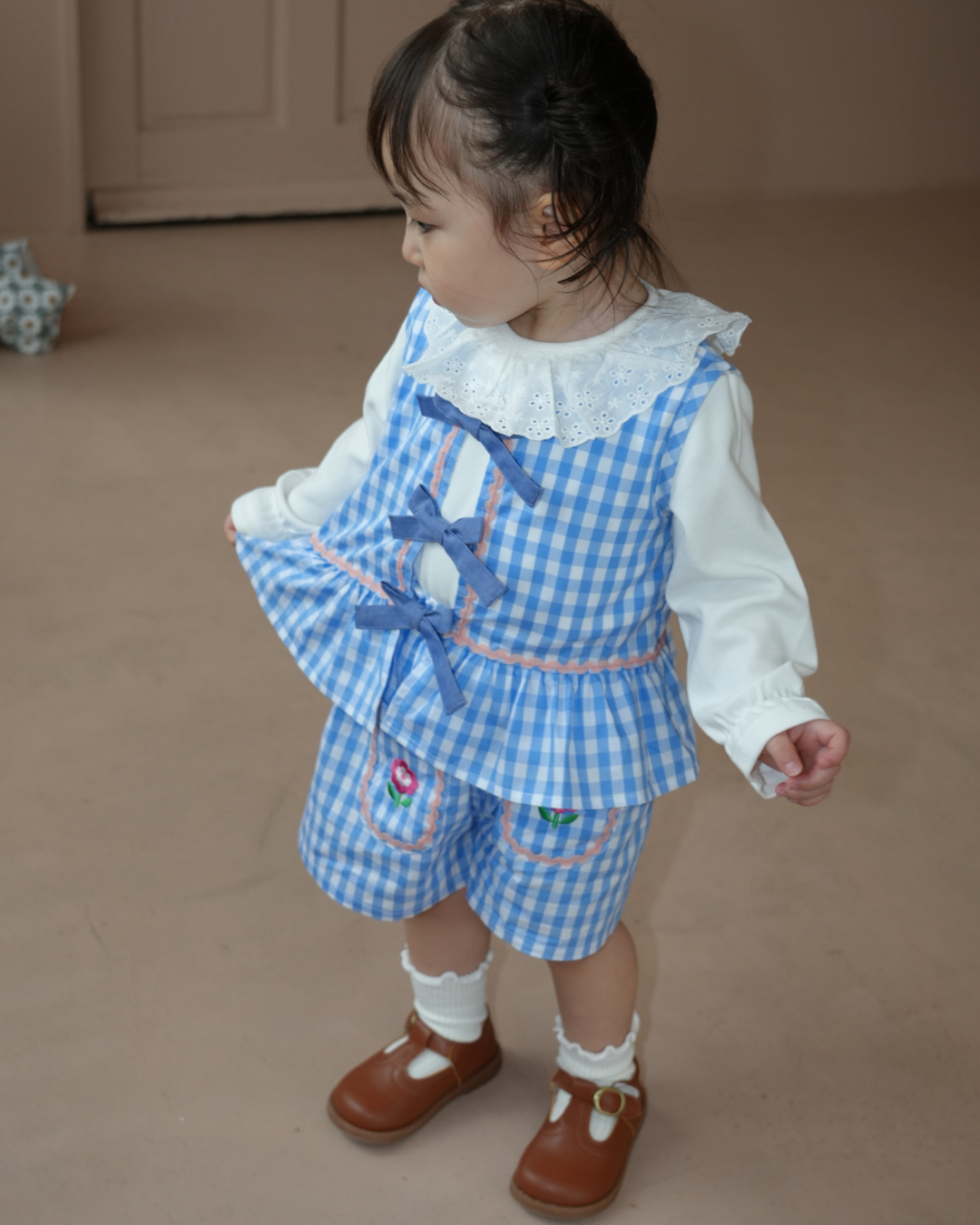 Gingham Ribbon Vest Set up【110206】 (blue)