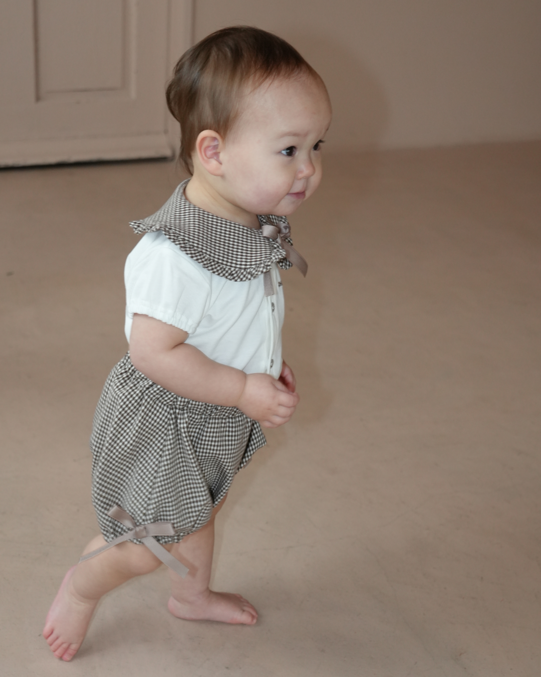 Check Collar Frill Puff Sleeve Shirt & Pants set【110214】 (beige)