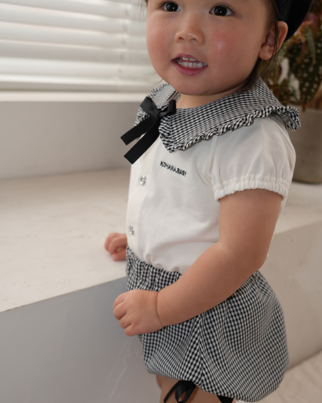 Check Collar Frill Puff Sleeve Shirt & Pants set【110214】 (black)