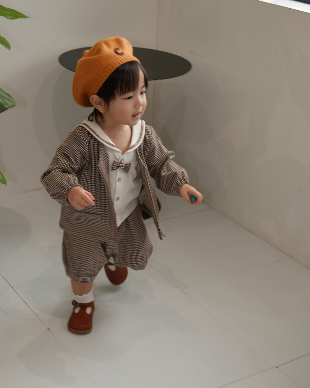 Check Collarless Puff Sleeve Jacket【110217】 (beige)