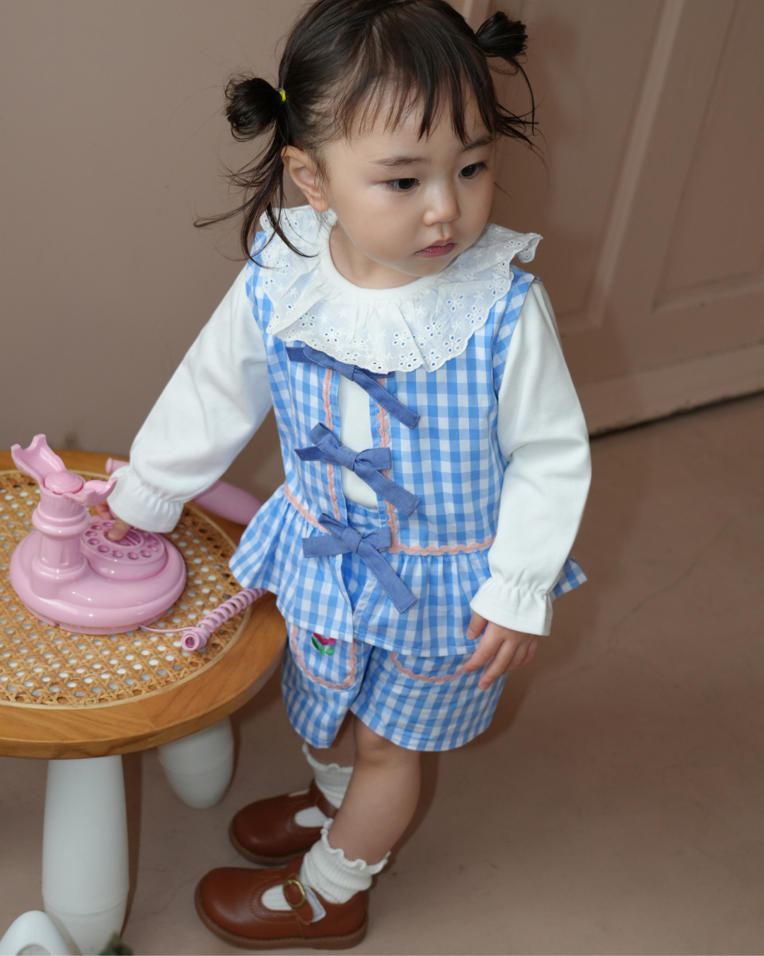 Gingham Ribbon Vest Set up【110206】 (blue)