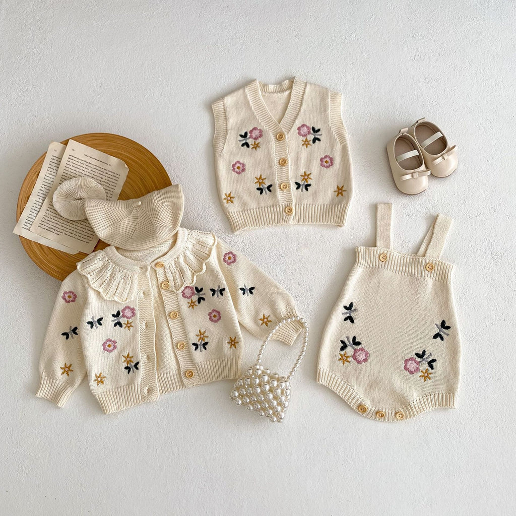 デザインカラー花柄刺繍カーディガン/サロペット/ベスト【N2991】