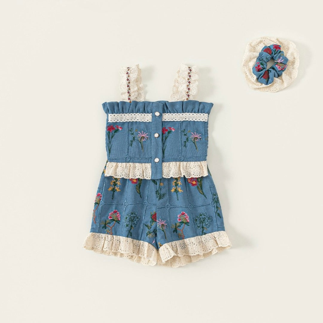 花柄刺繍レースセットアップ(シュシュ付き)【K260】