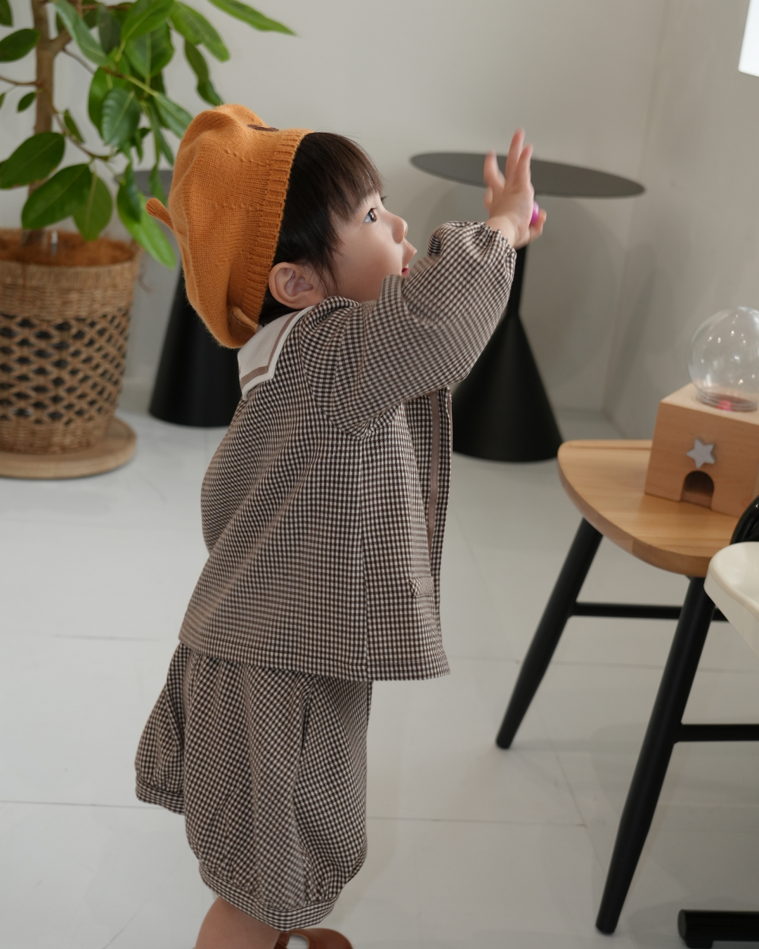 Check Collarless Puff Sleeve Jacket【110217】 (beige)