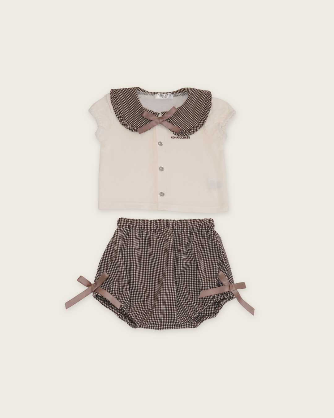 Check Collar Frill Puff Sleeve Shirt & Pants set【110214】 (beige)