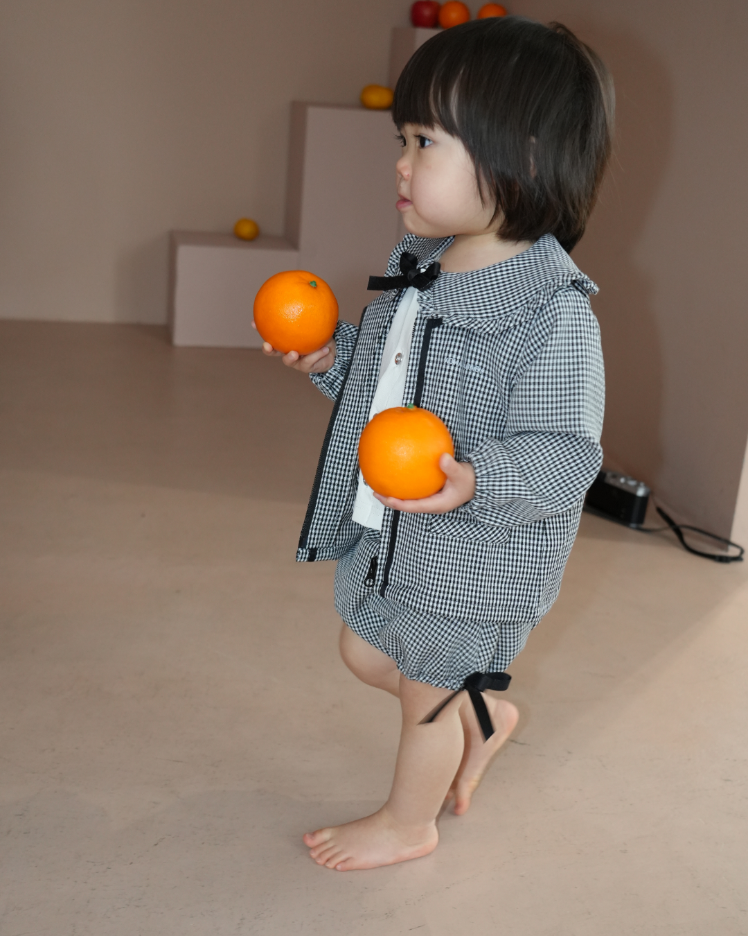 Check Collarless Puff Sleeve Jacket【110217】 (black)