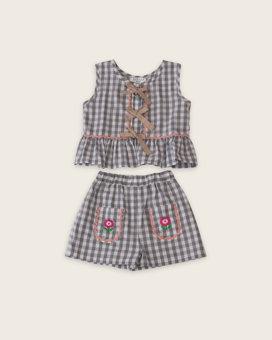 Gingham Ribbon Vest Set up【110206】 (gray)