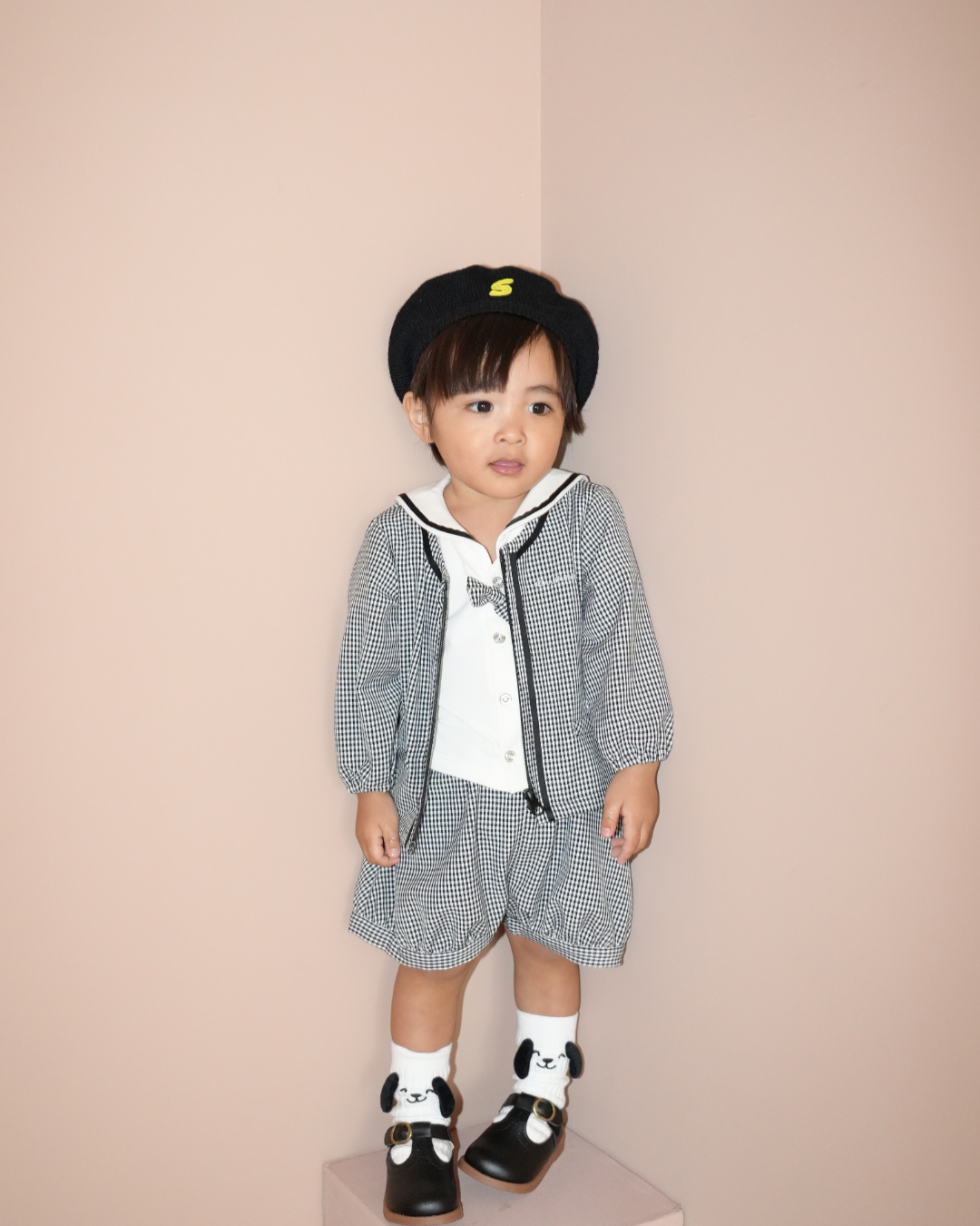 Check Collarless Puff Sleeve Jacket【110217】 (black)