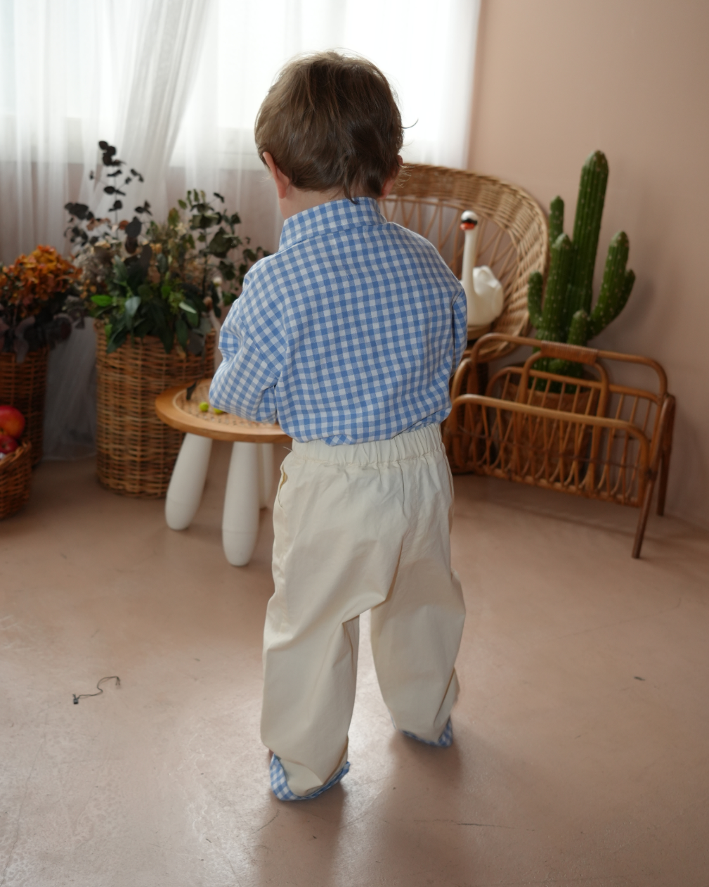 Blue Check Shirt & White Pants Set【K287】