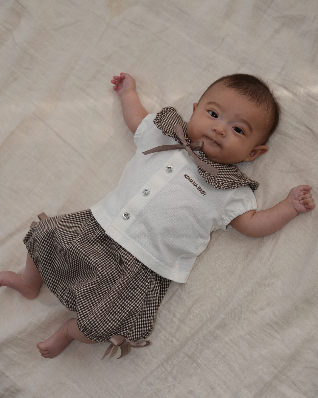 Check Collar Frill Puff Sleeve Shirt & Pants set【110214】 (beige)