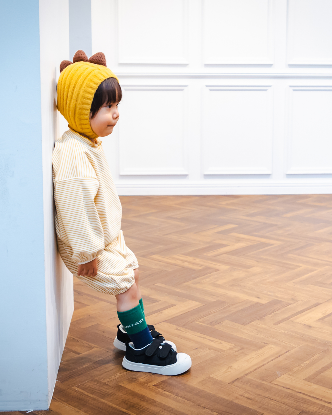 (予約商品)ストレッチボーダーモックネックTシャツ+パンツSET【110089】（Mustard）