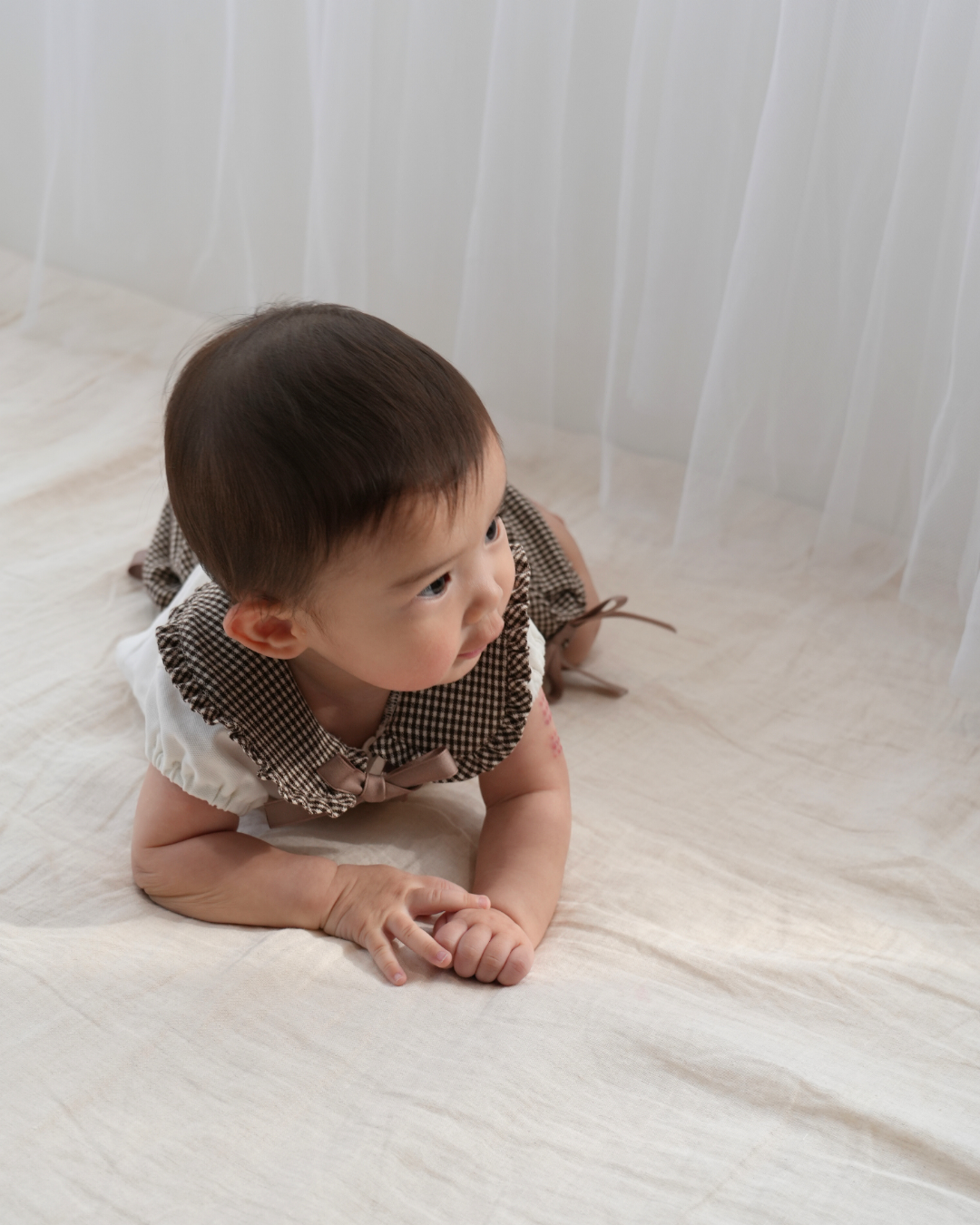 Check Collar Frill Puff Sleeve Shirt & Pants set【110214】 (beige)