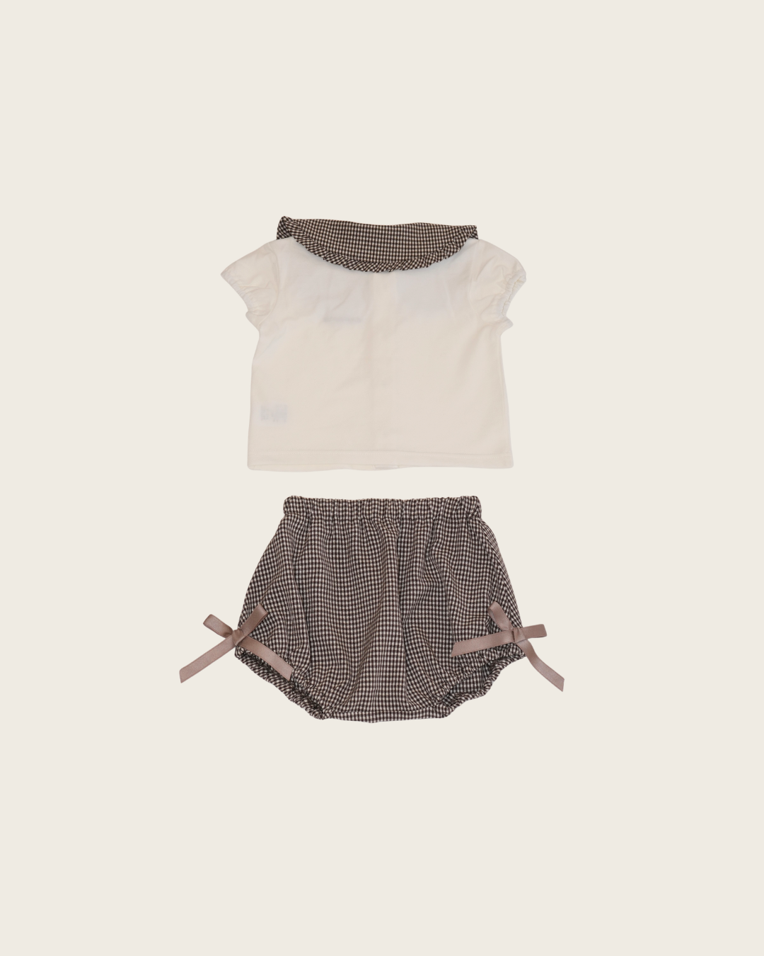 Check Collar Frill Puff Sleeve Shirt & Pants set【110214】 (beige)