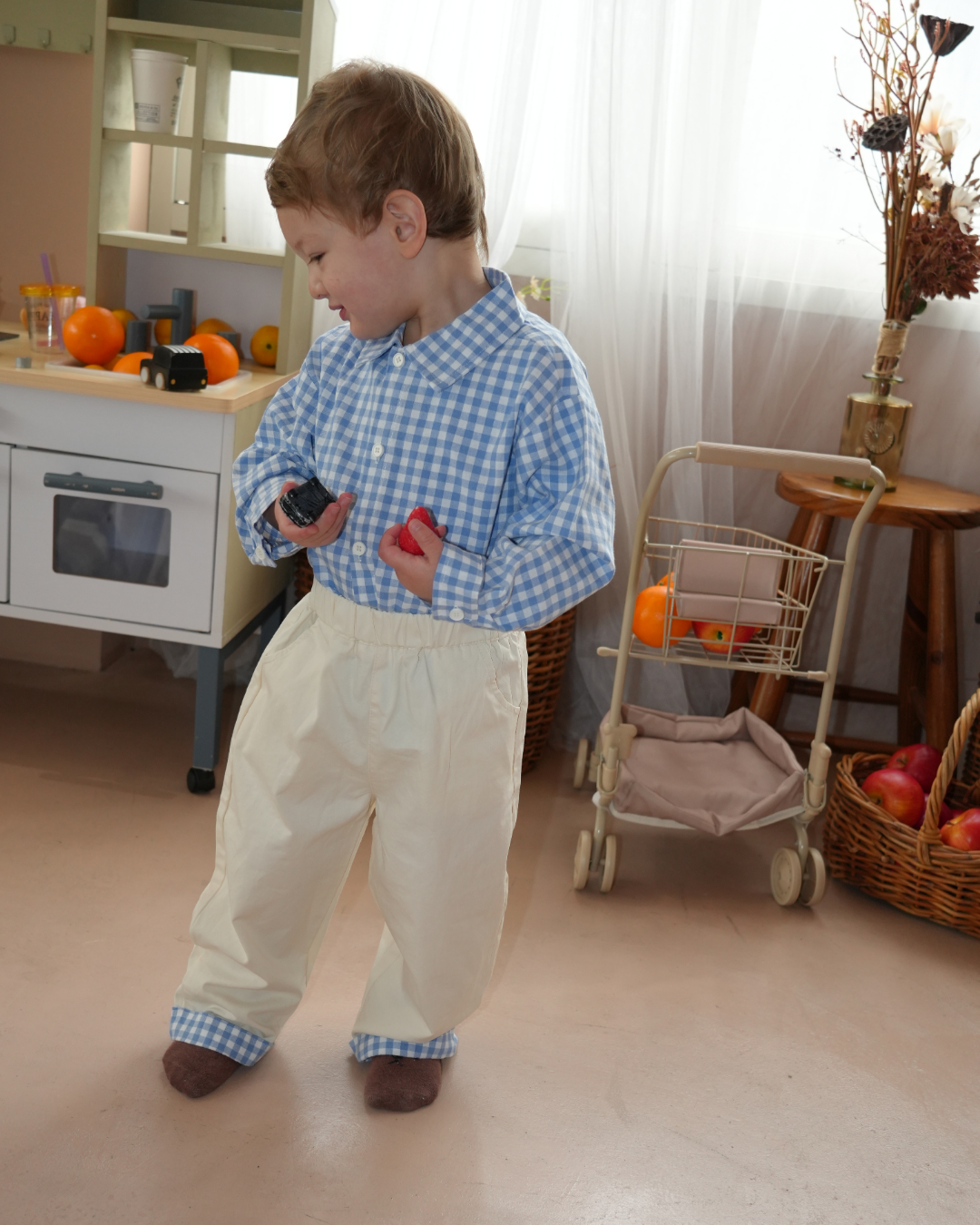 Blue Check Shirt & White Pants Set【K287】