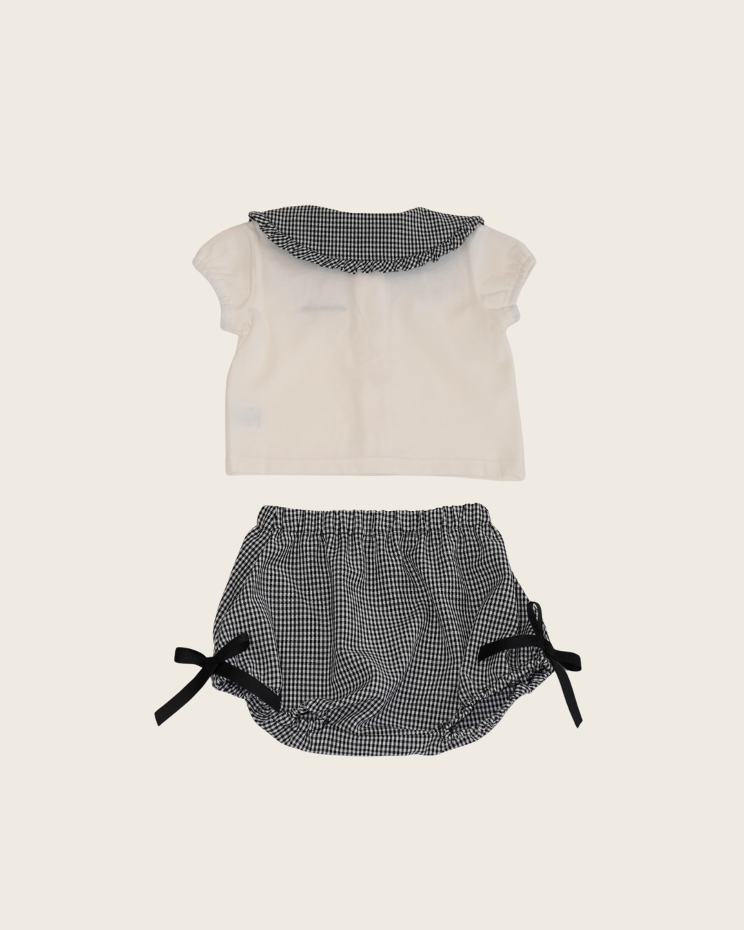 Check Collar Frill Puff Sleeve Shirt & Pants set【110214】 (black)