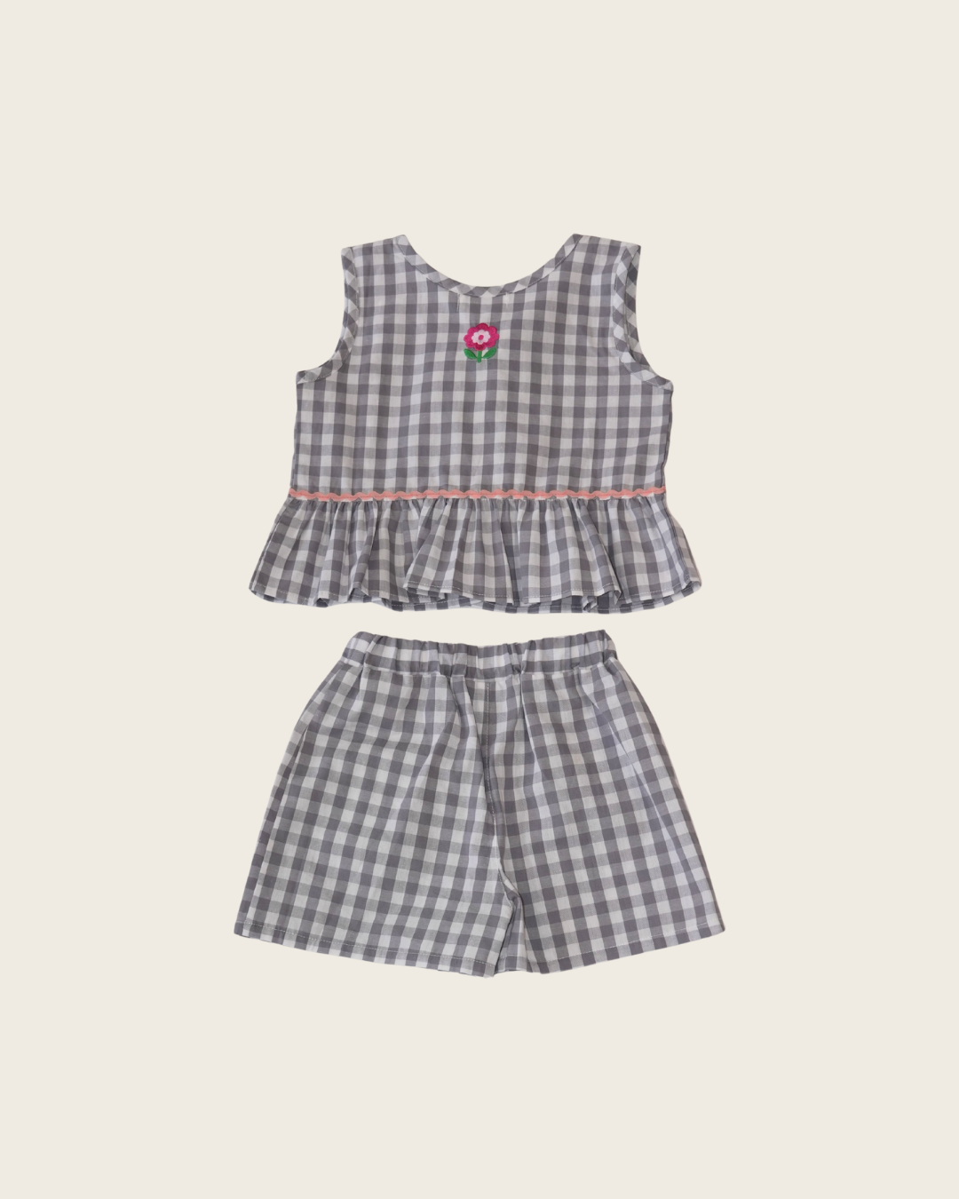 Gingham Ribbon Vest Set up【110206】 (gray)