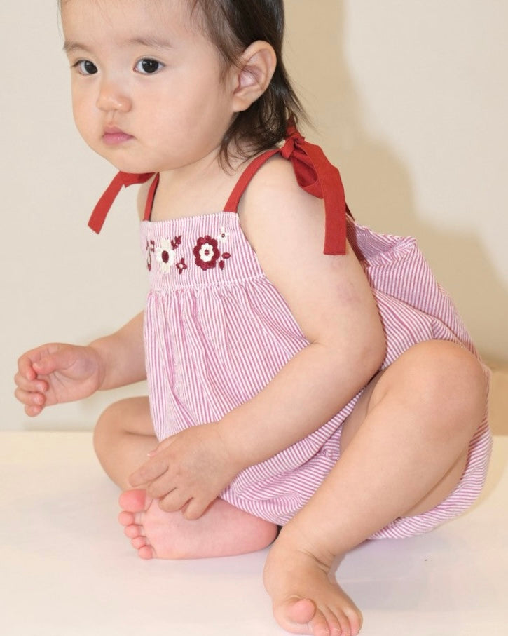 Floral Embroidered Stripe Rompers
【110275】 (Red)