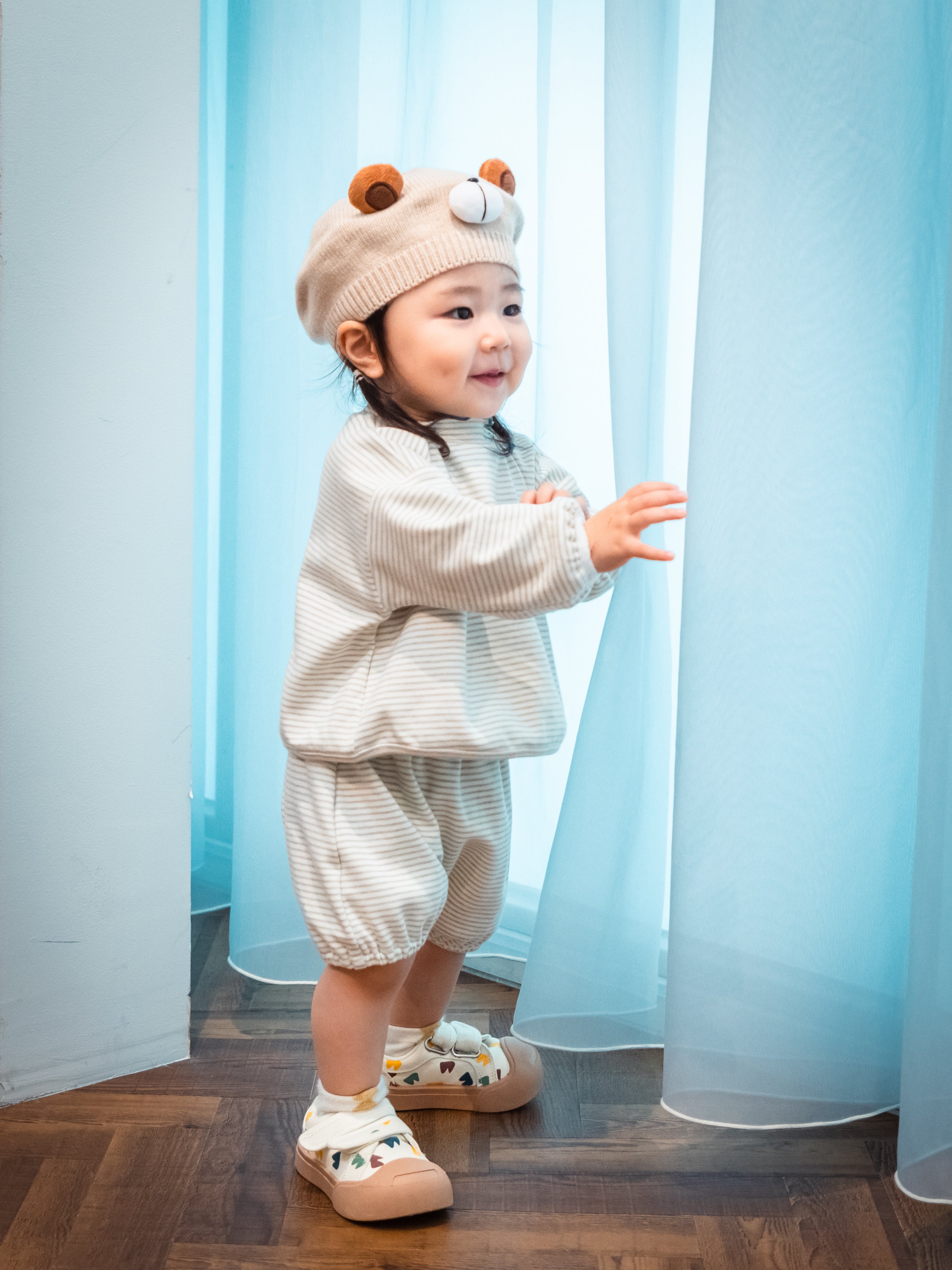 ストレッチボーダーモックネックTシャツ+パンツSET【110089】（Gray）