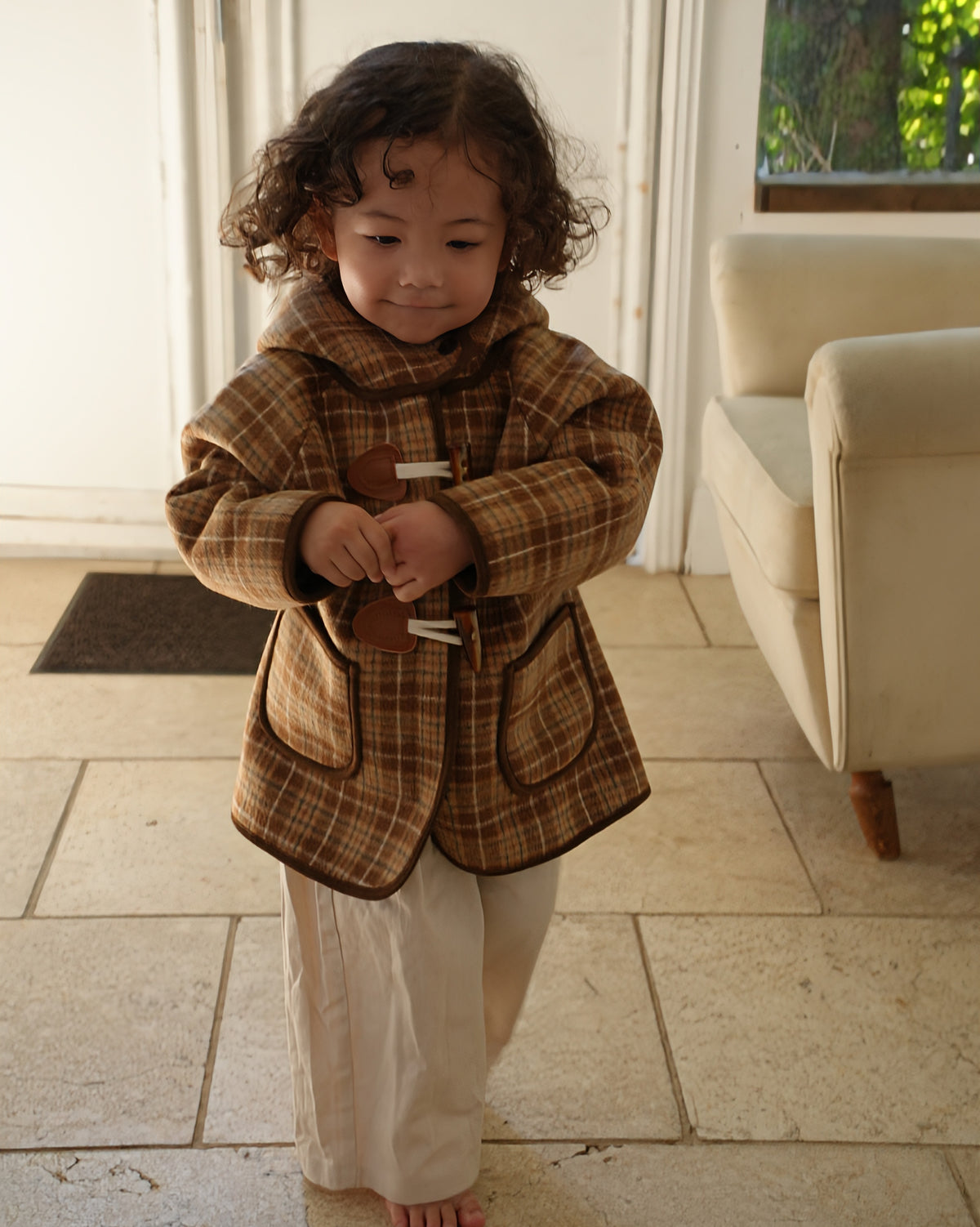 Brown checked duffle coat【110601】 (brown)