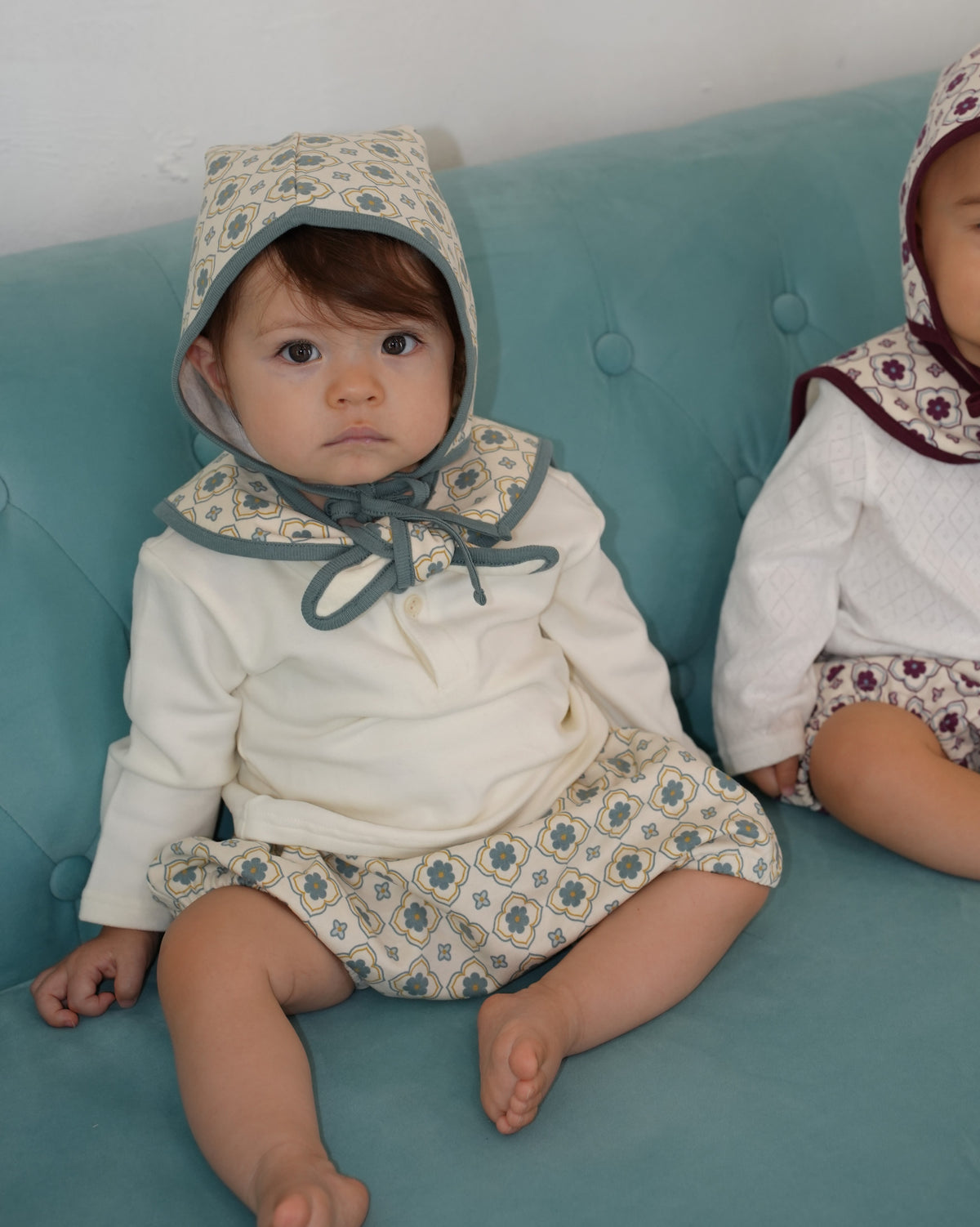 Vintage Tile Pattern Detachable Collar & Bloomers Set【110503】 (blue)