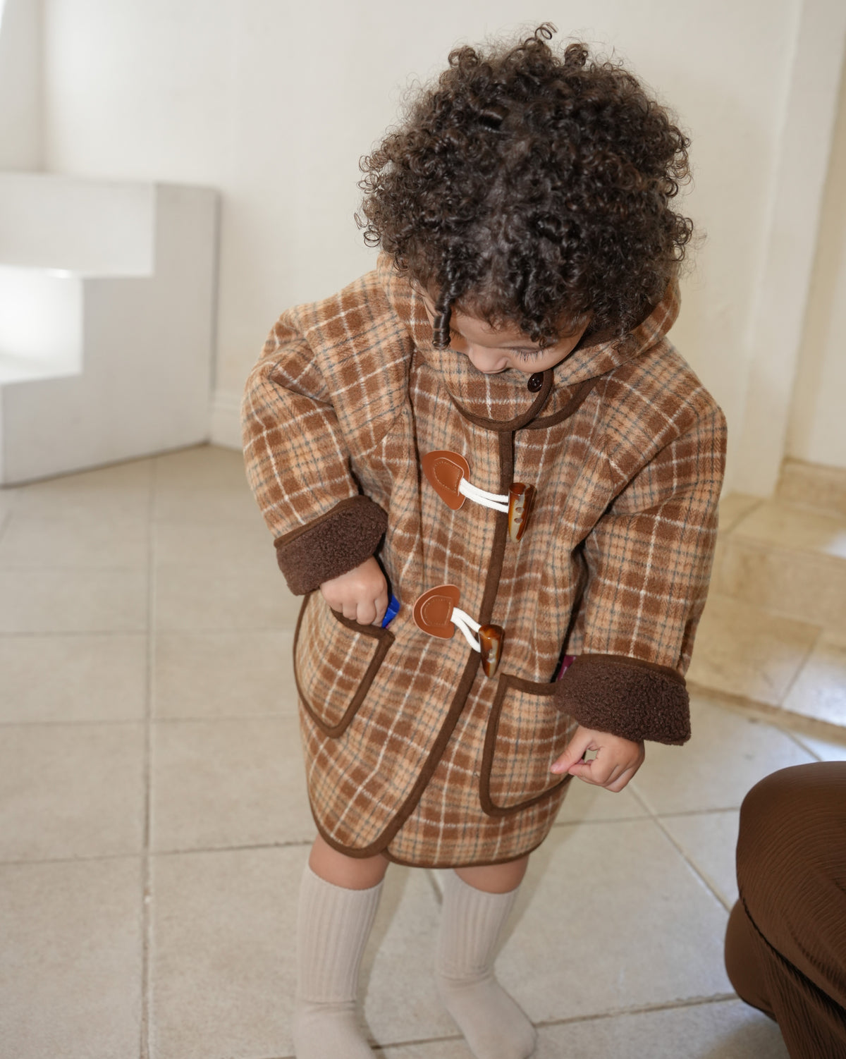 Brown checked duffle coat【110601】 (brown)