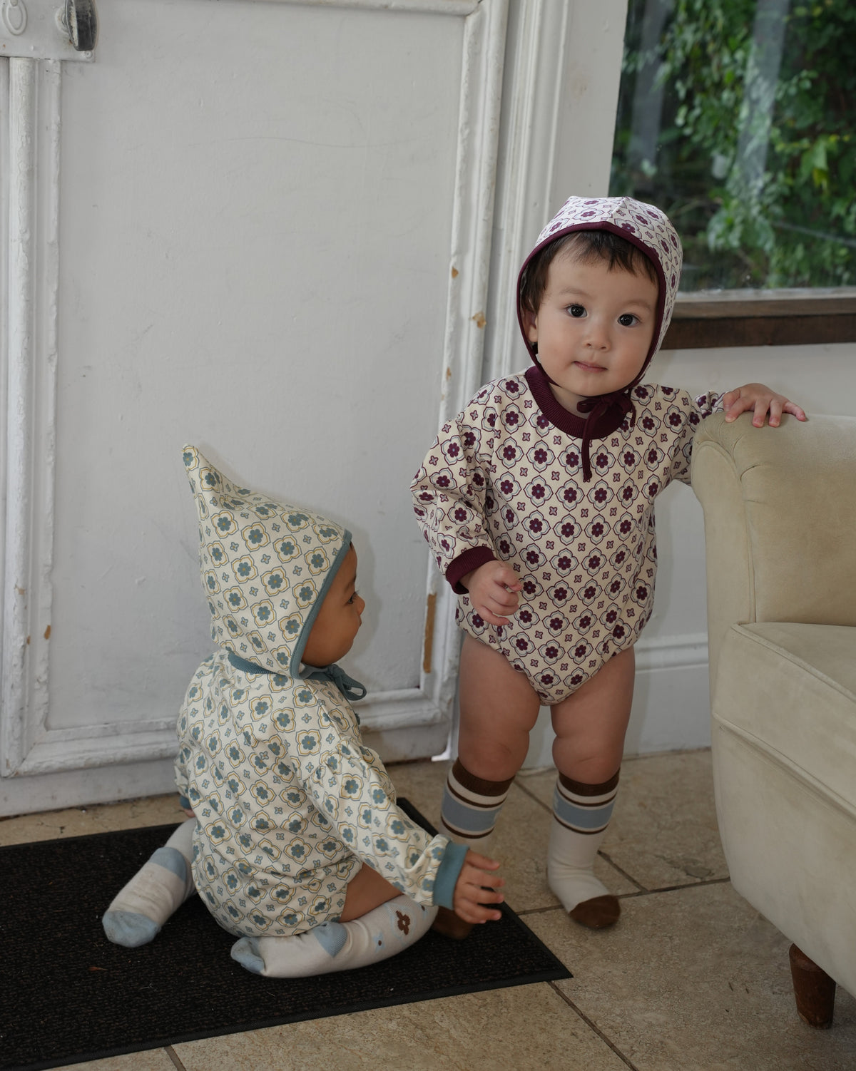Vintage Tile Pattern Rompers【110505】 (blue)