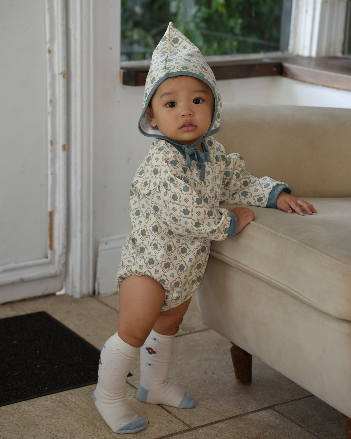 Vintage Tile Pattern Rompers【110505】 (blue)