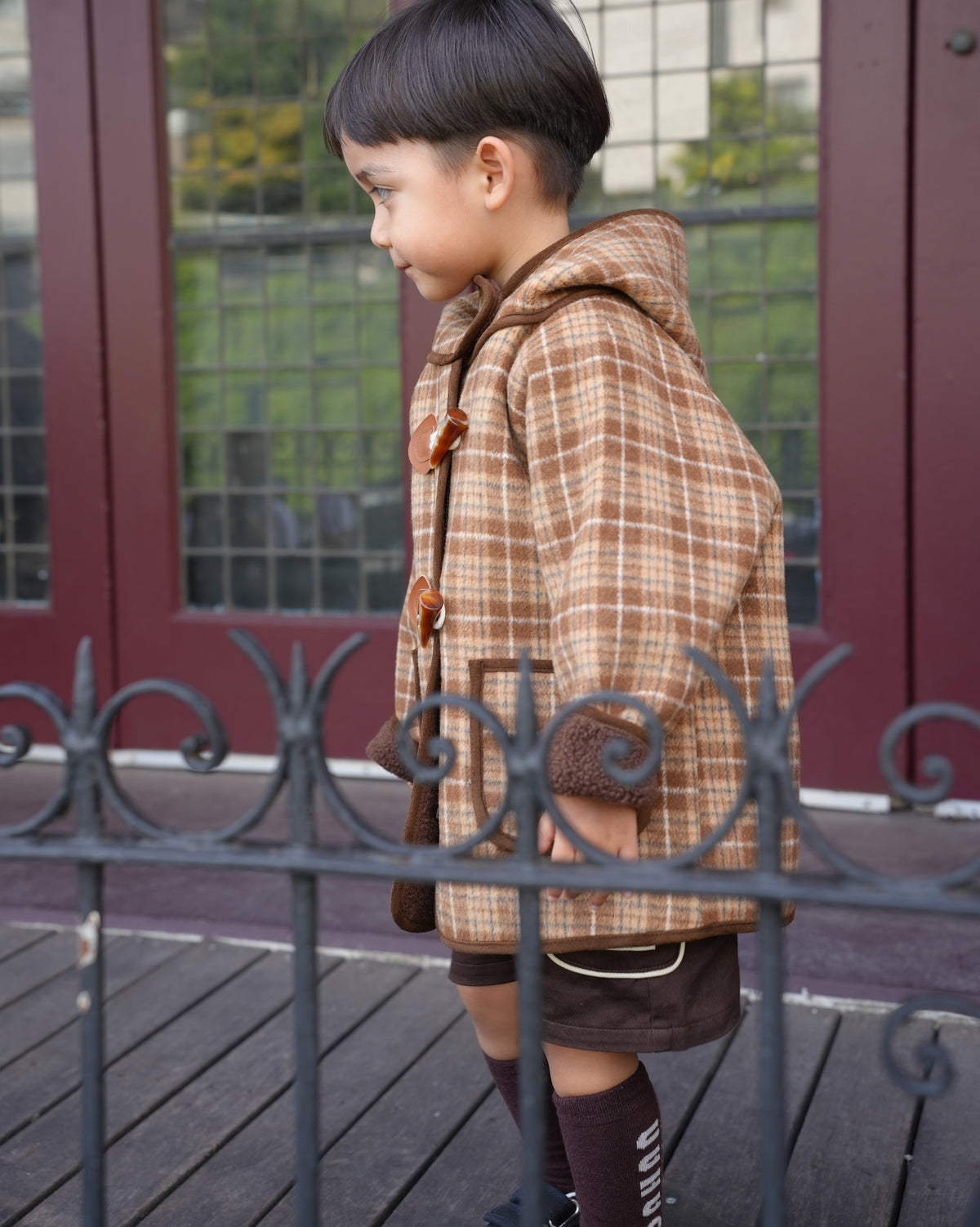 Brown checked duffle coat【110601】 (brown)