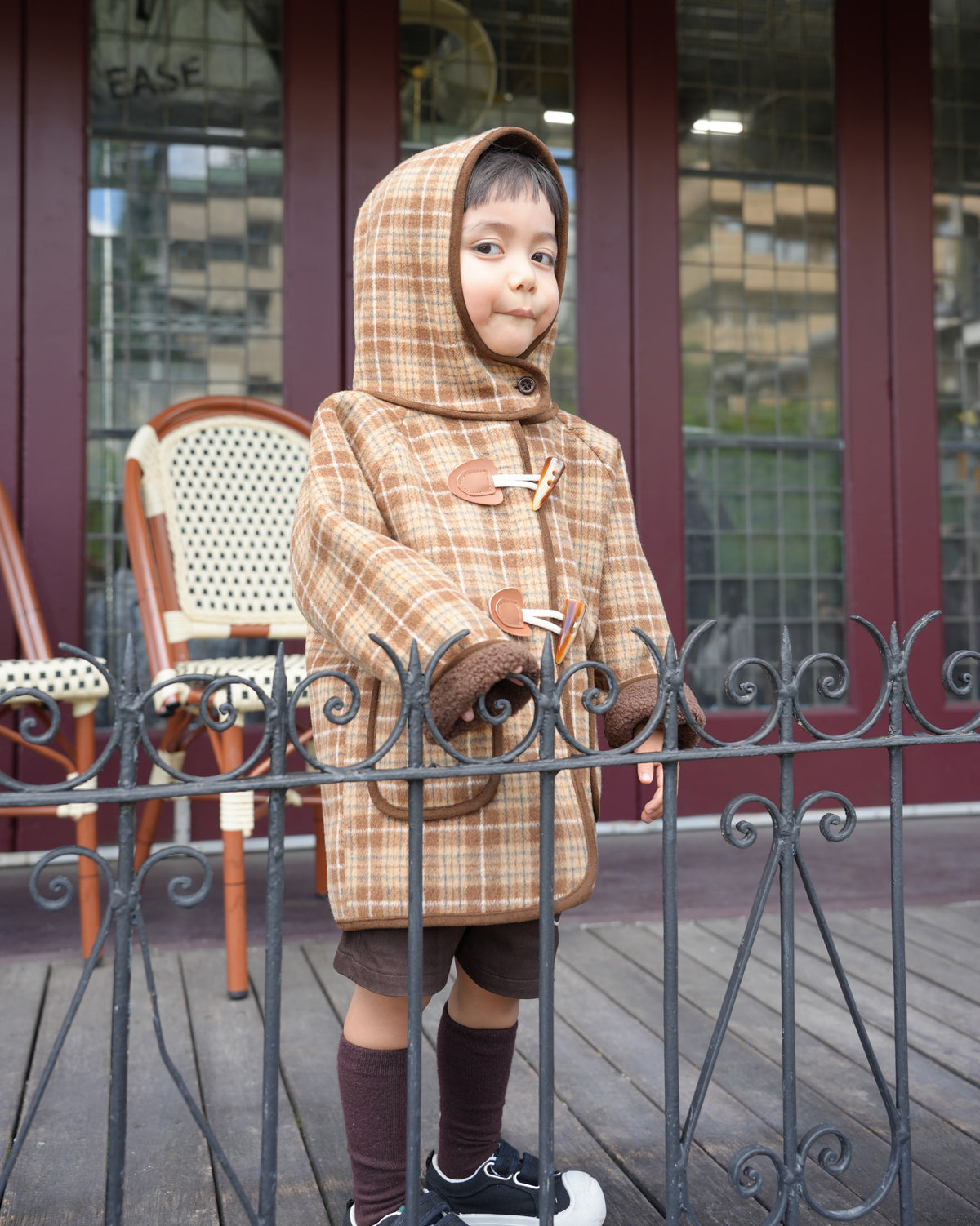 Brown checked duffle coat【110601】 (brown)