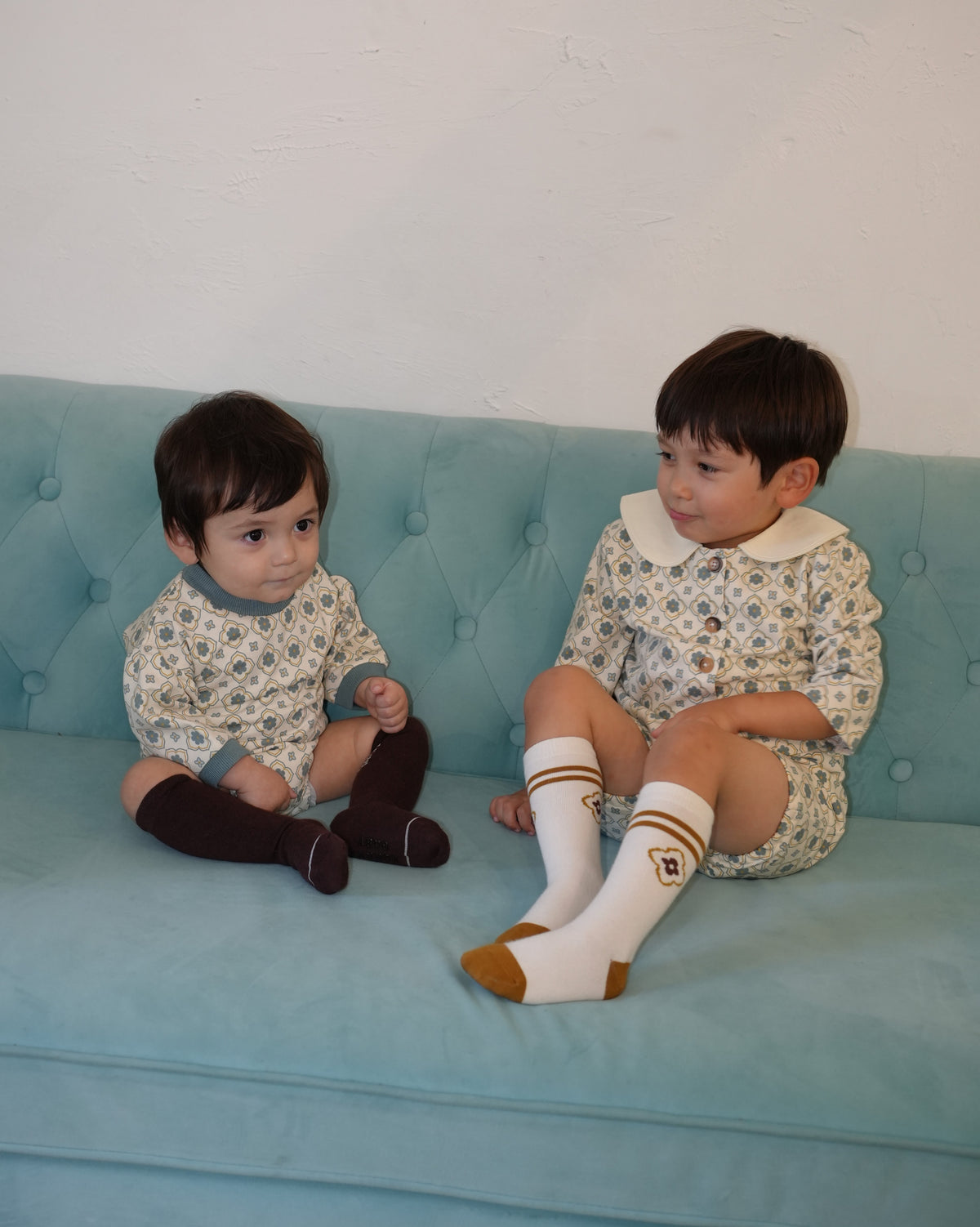 Vintage Tile Pattern Rompers【110505】 (blue)