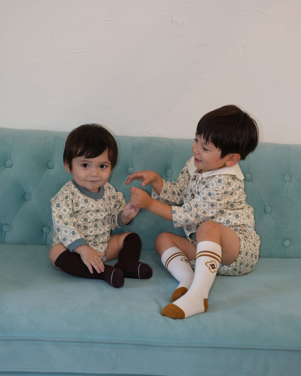 Vintage Tile Pattern Rompers【110505】 (blue)