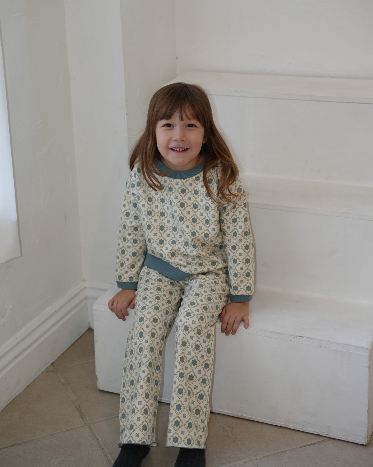 Vintage Tile Pattern Long Pants【110502】 (blue)