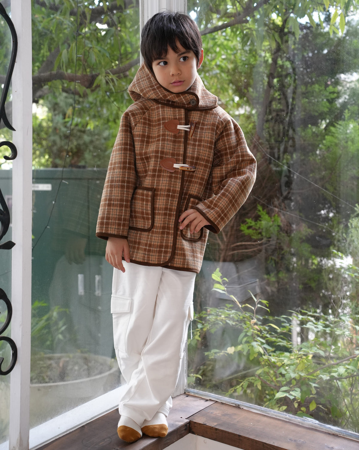 Brown checked duffle coat【110601】 (brown)