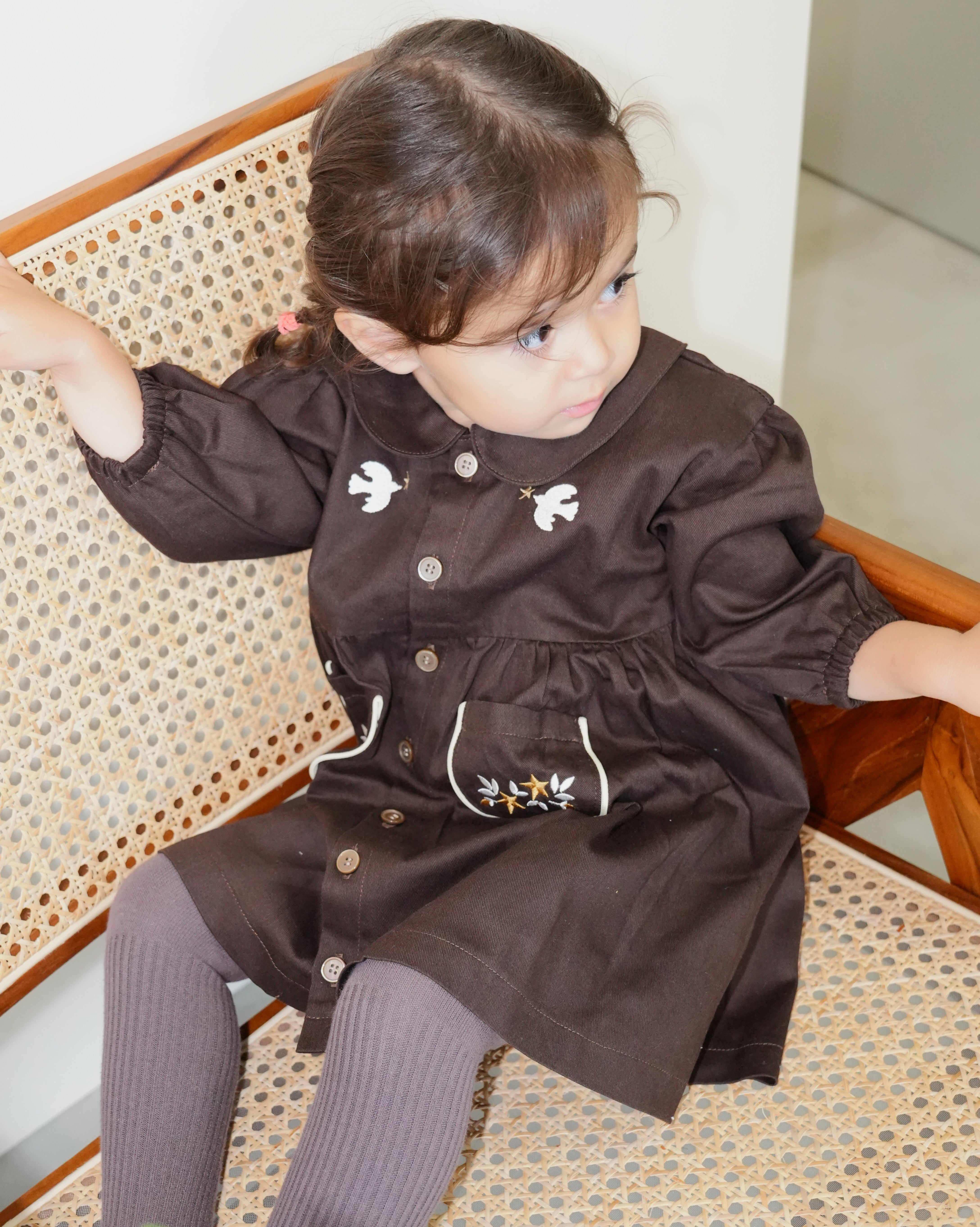Embroidered Cotton Twill Peter Pan Collar Dress【110416】 (dark gray)