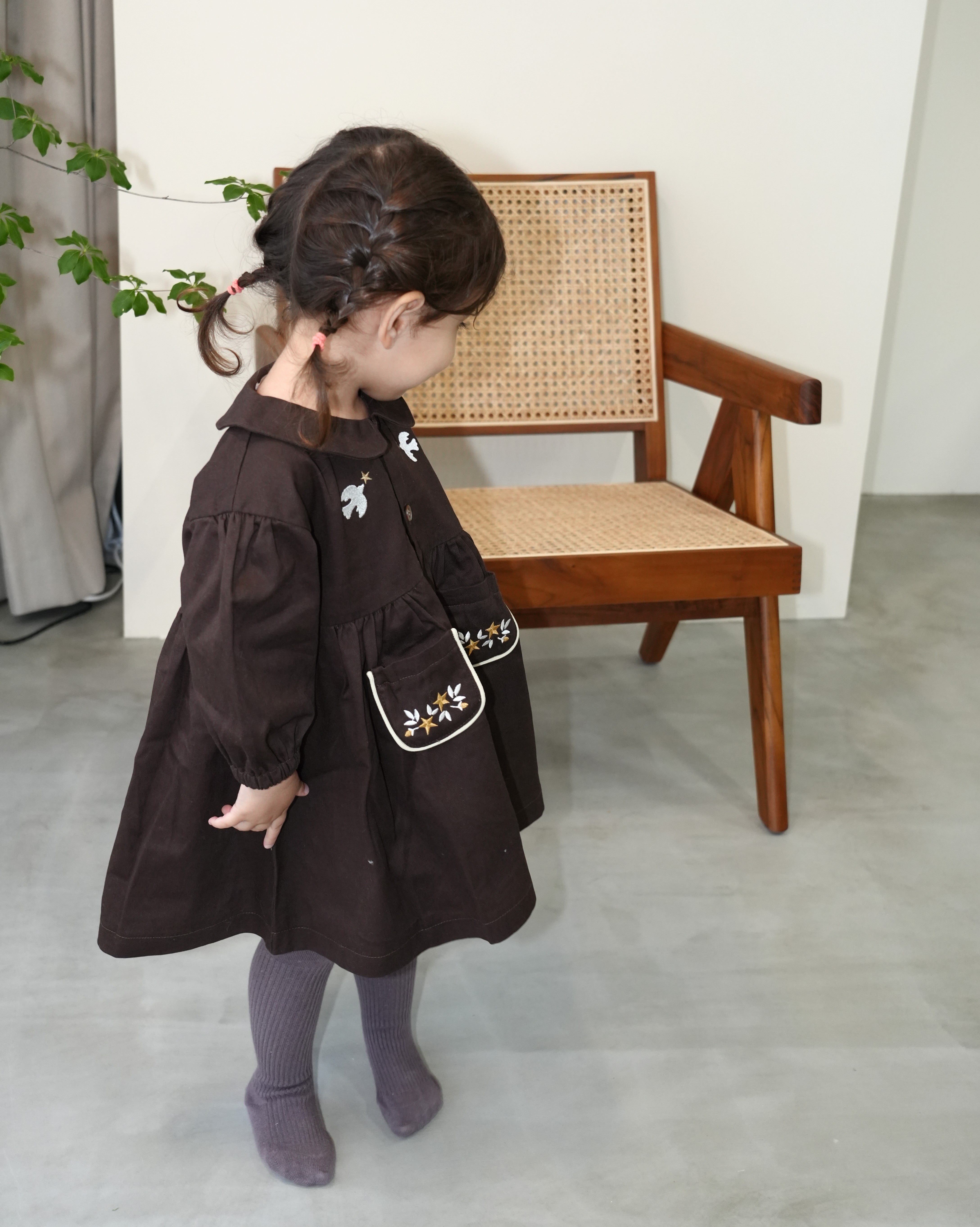 Embroidered Cotton Twill Peter Pan Collar Dress【110416】 (dark gray)