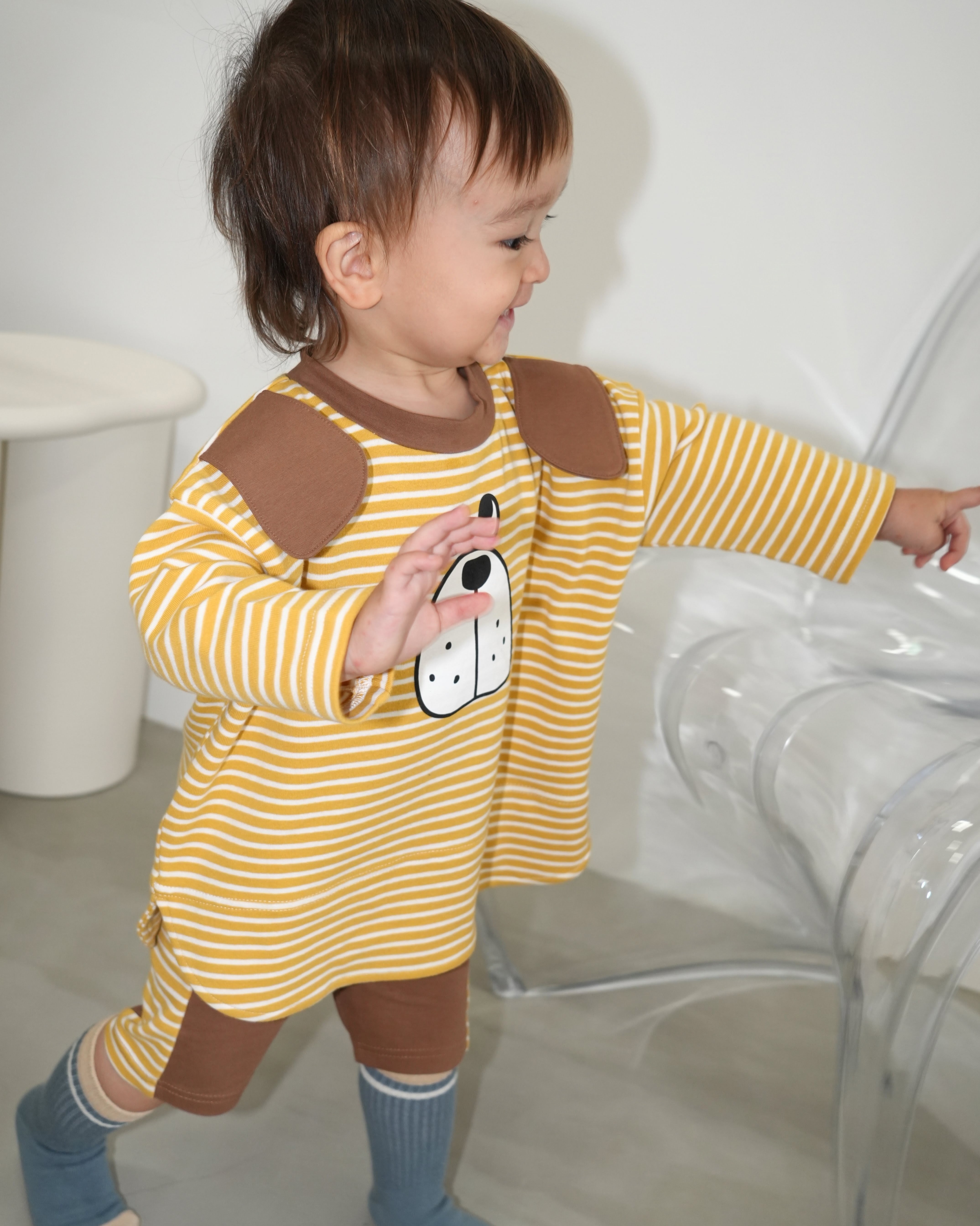 Big Face Dog T-Shirt & Half Leggings Set【110403】 (yellow)
